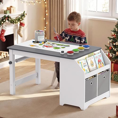 Miniatura 2 de Costzon Mesa y sillas de arte para niños, juego de escritorio de actividades de madera con rollo de papel, 4 tazas de pintura, estantes de