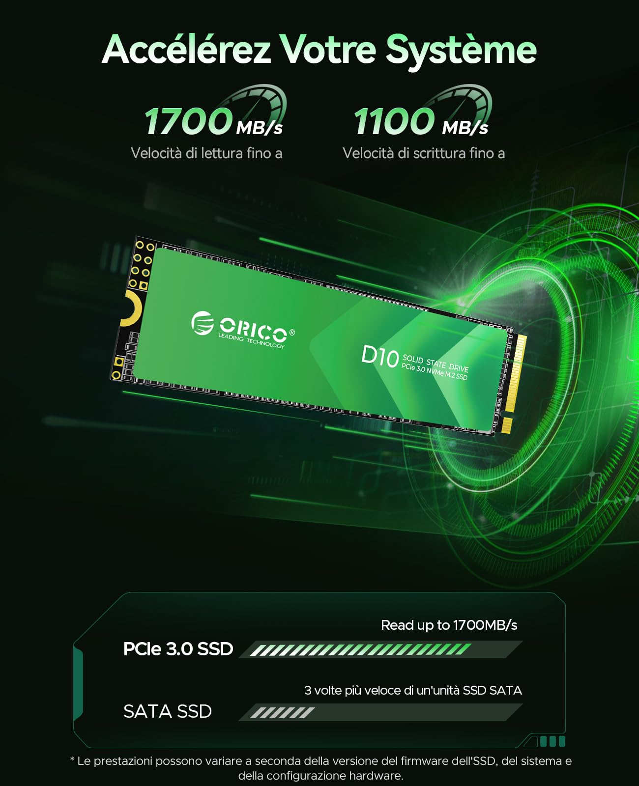 ORICO SSD M.2 NVMe 128GB, Flash NAND TLC, 1700MB/s SSD PCIe Gen3x4 M2 2280, Unità Interna a Stato Solido Compatibile con Computer Portatile Desktop - D10