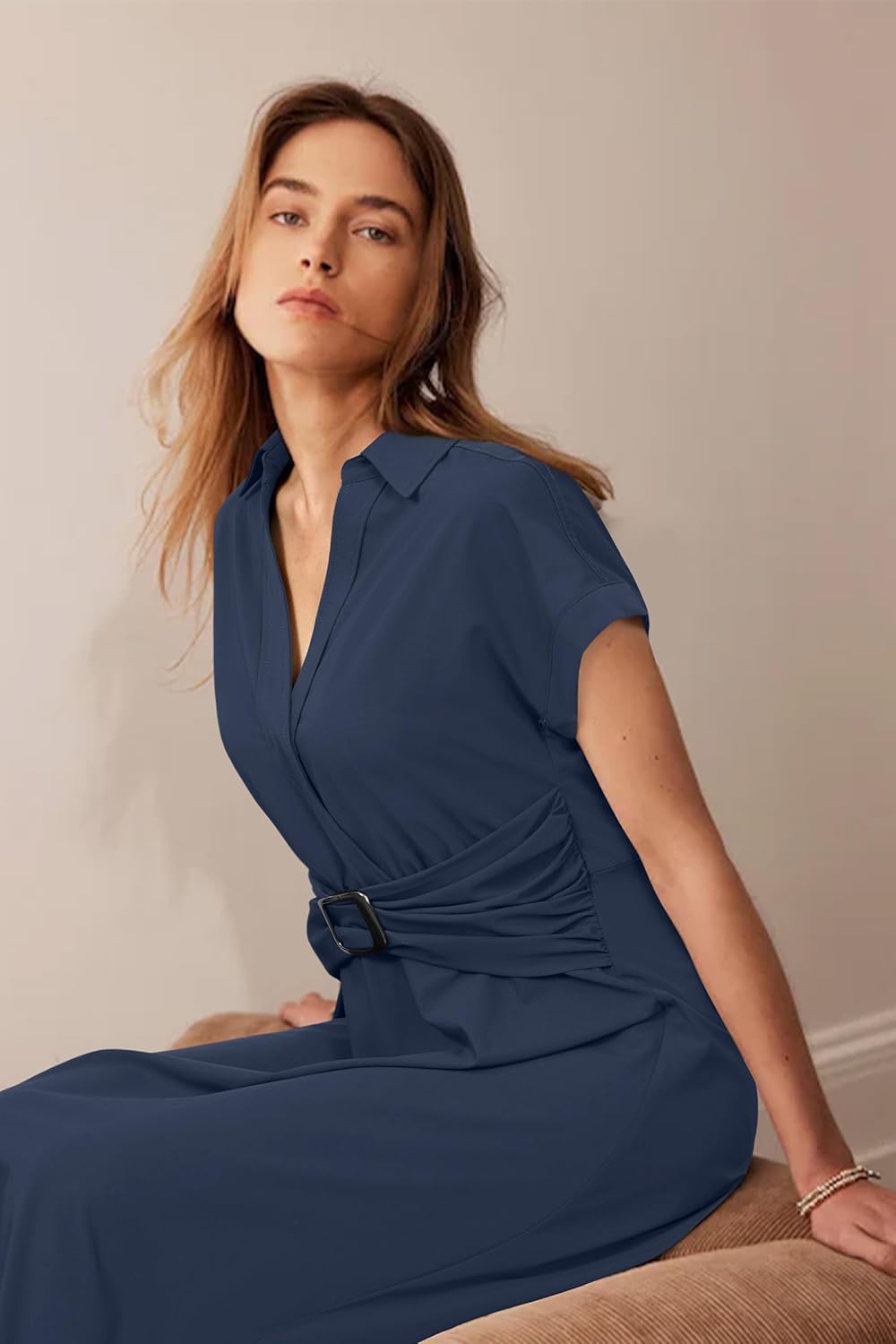 Newshows Womens Wear to Work Teacher Business Casual Dress Funeral Midi Dresses Button Down Office Clothes with Pockets