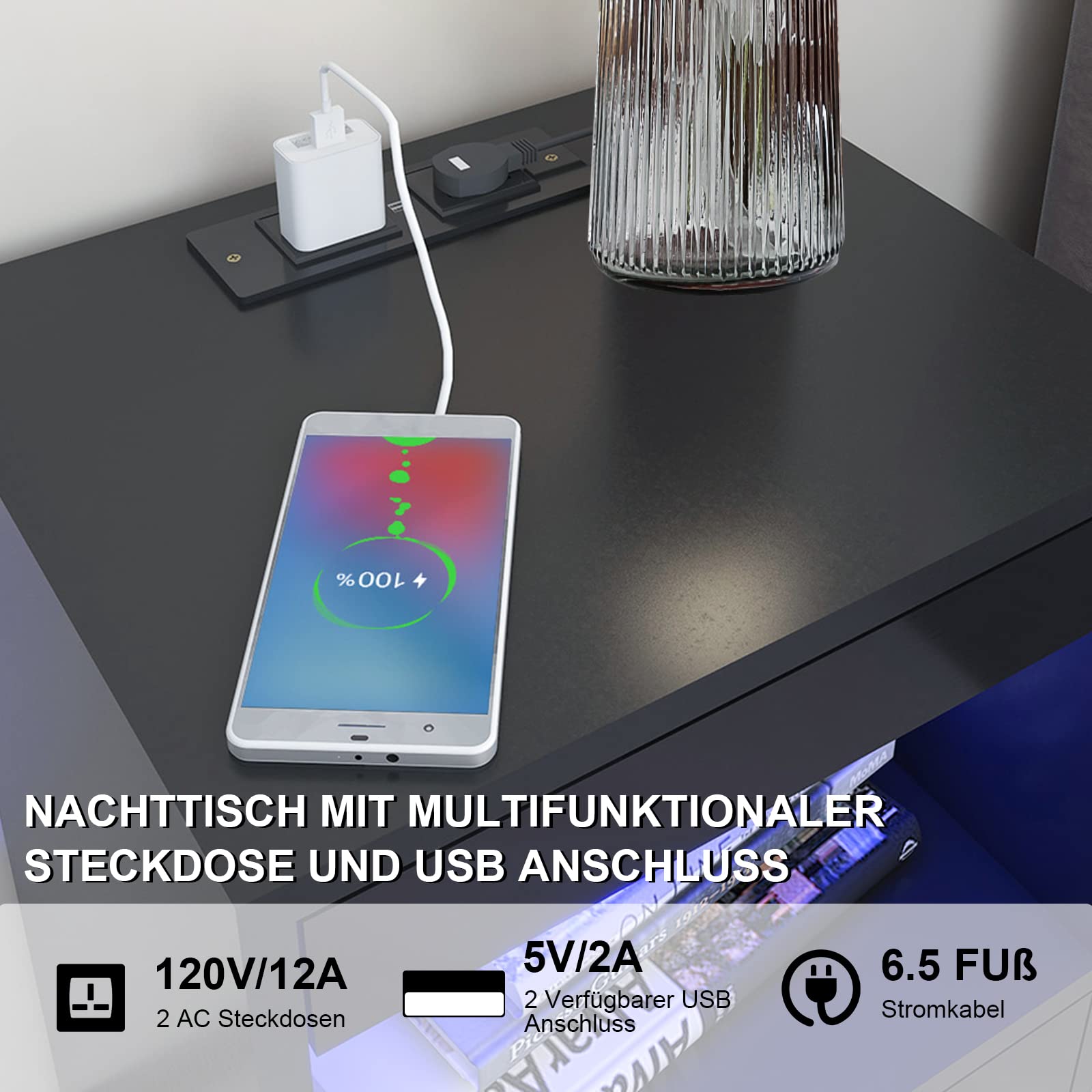Comodini Camera Da Letto Moderni Comodino Nero Con 3 Cassetti E Stazione Di Ricarica | Mensole E Organizzazione Per Camera Da Letto Comodino Smart Camera Da Letto