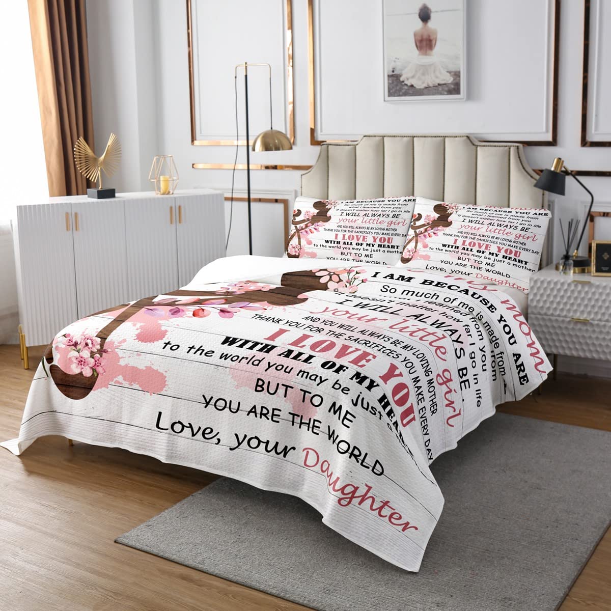 Juego de colcha para el día de la madre, regalos de hija, colcha acolchada para mujer, ultra suave, para mamá, con estampado floral, decoración de habitación, tamaño doble