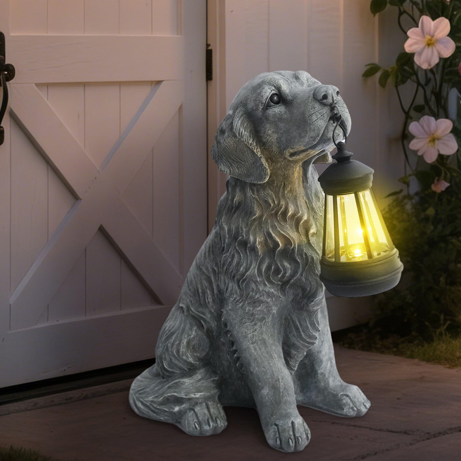 Scultura Animali Cane con LED Integrato, Cement Color Holding
