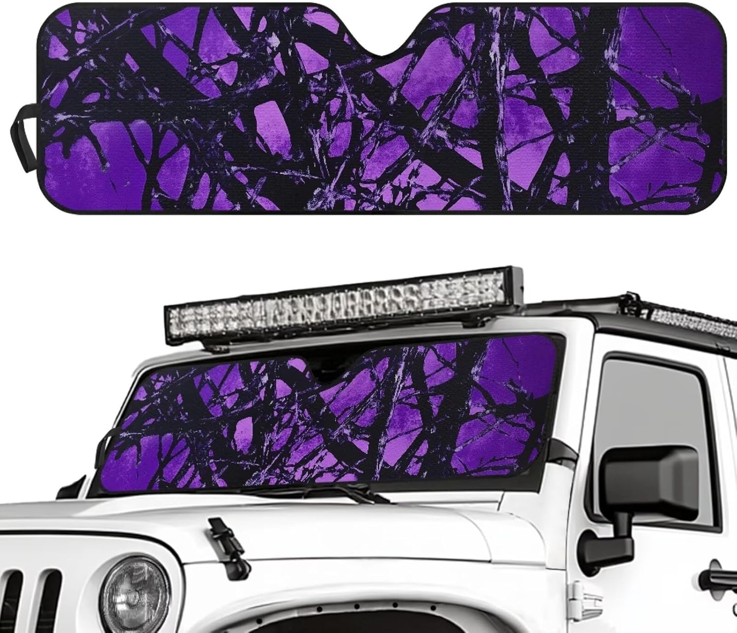 Pensura Windshield Sun Shade, Shade Heat Shield, 52.95 in *16.14 in, Suitable for 1997-2017 Jeep Wrangler Rubicon Sahara TJ JK JKU 2/4 Doors(Purple Hunting Camo Forest)