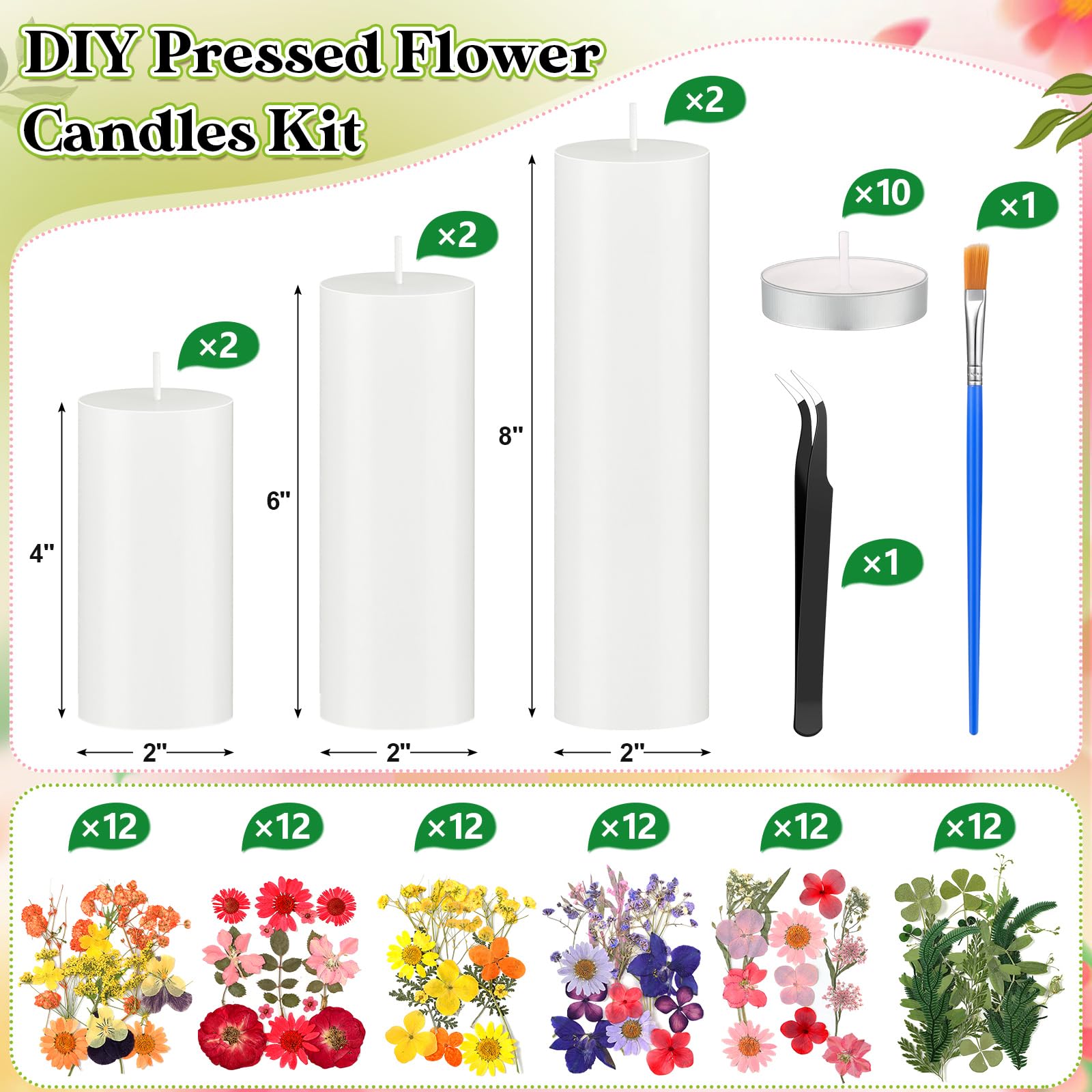 MTLEE 24 Pack Dried Pressed Flower Candle Painting Kit 6 White Pillar 6 Dried Pressed Flower 10 Tealight Candle with Tweezer Brush for Girls Night Birthday Wedding Party DIY Crafts Decor(4/6/8 Inch)