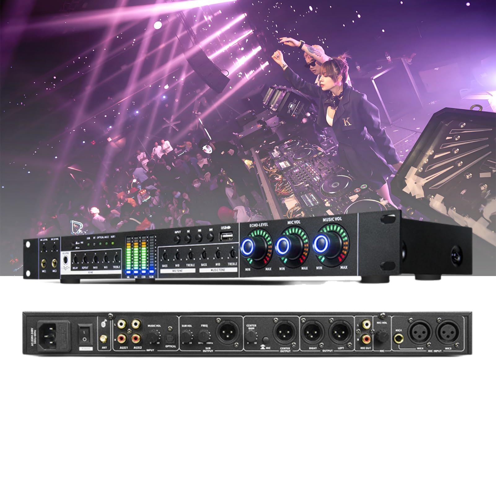 HFDJRWK Processore Audio Anti-Feedback con Effetto Preamplificatore Digitale Professionale, Mixer Karaoke con Schermo LCD, Adatto for Ktv Domestici, Palchi, Spettacoli e Matrimoni.