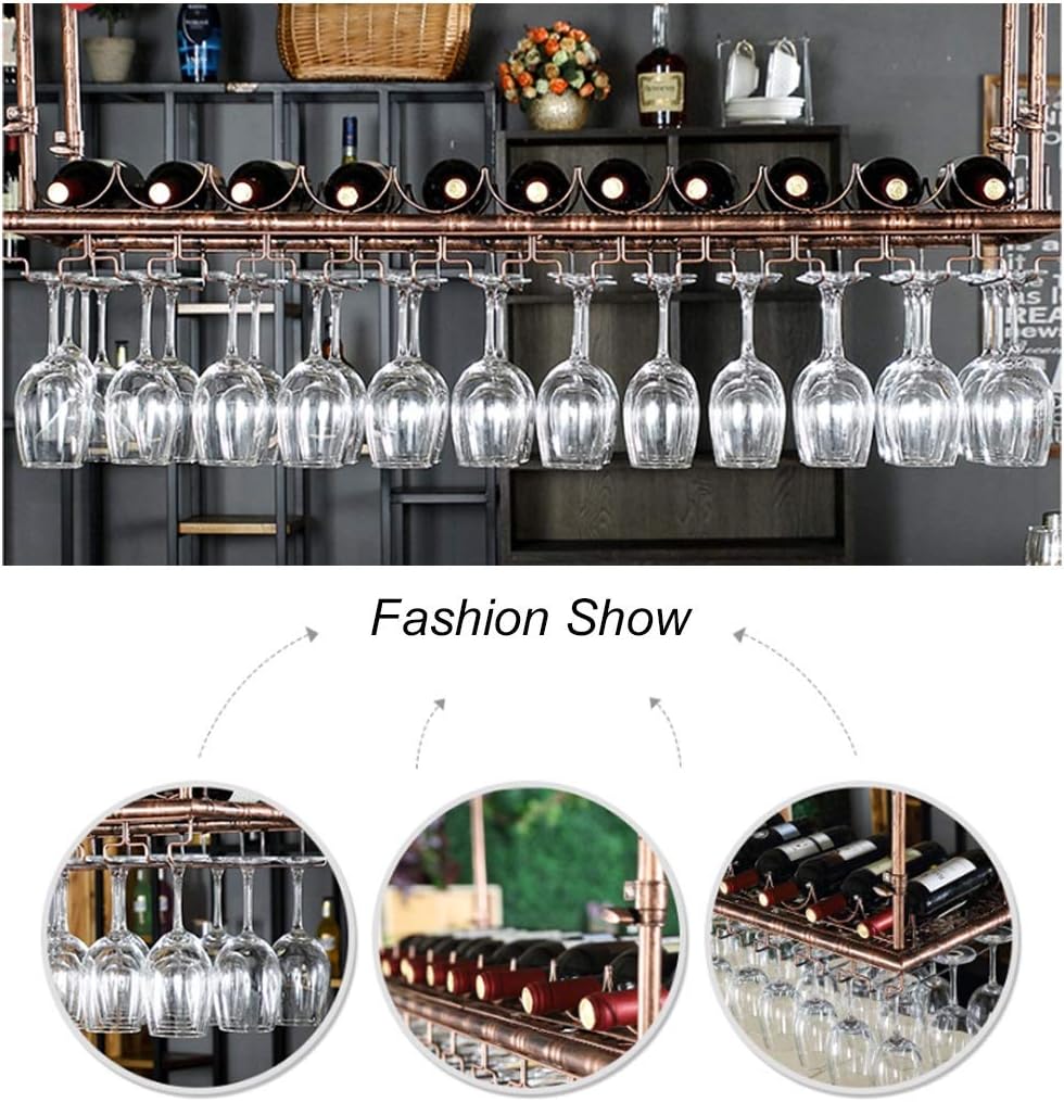 Adjustable Height Metal Ceiling Wine Rack with Stemware Holder Industrial Vintage Bar Counter Wine Glass Storage Organizer Rustic Bronze Wine Bottle Holder for Home Bar Decor (47×1