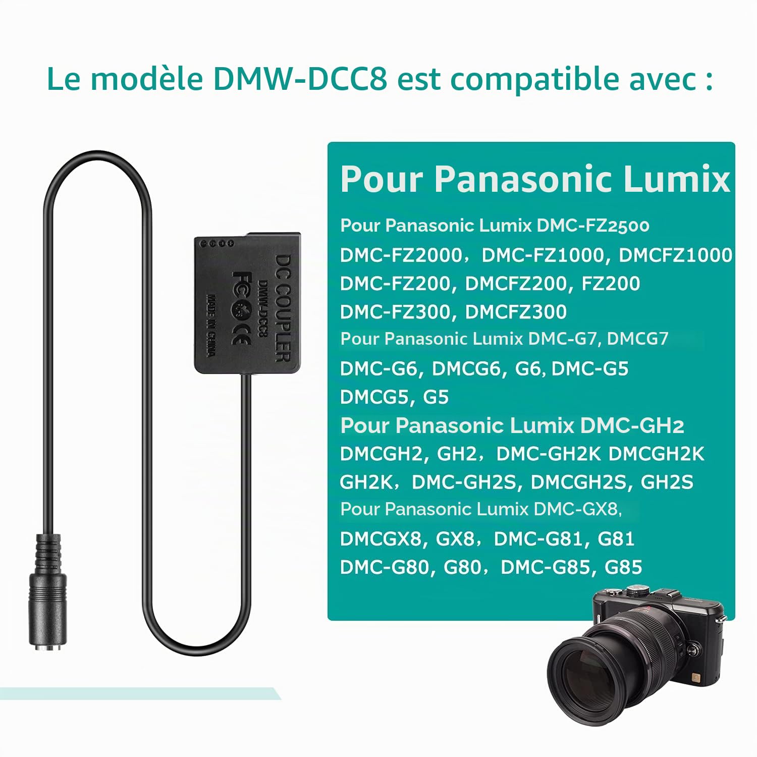 Powerbank USB Cable + DMW-DCC8 Batterie factice BLC12 BLC12E pour Lumix DMC-GX8 FZ1000 FZ300 FZ200 G7 G6 G5 G80 G81 G85 GH2 GH2K GH2S DC-G90 DC-G91 DC-G95 DC-G99