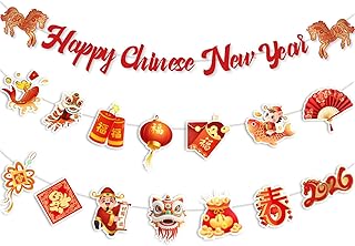 Happy Chinese New Year Banner- 3 Pcs 2026 Lunar New Year Banners, 2026 Chinese New Years Party Supplies, Year of The Horse Hanging Wall Decor for New Years Eve Party Photo Background Decoration