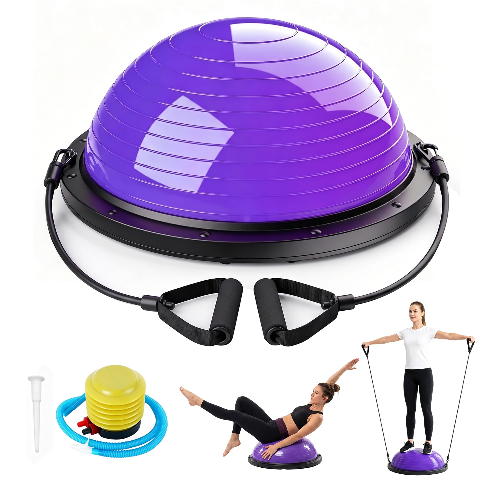 Balón de equilibrio, entrenamiento de equilibrio de yoga, soporta hasta 300 kg, media pelota de equilibrio con bomba y 2 bandas de fitness