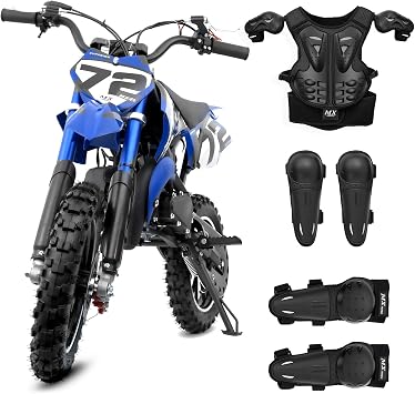 2 Stroke Gas Dirt Bike 50cc, Mini Pit Bike 24 MPH, + Riding Pad Set, Blue