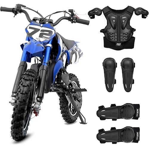 49cc Gas Dirt Bike for Kids, Kids Gas Powered Dirt Bike with Front Rear Suspension, Disc Brakes, Adjustable Speed Control, Kill Switch, Pull Start, Blue, with Protective Gear