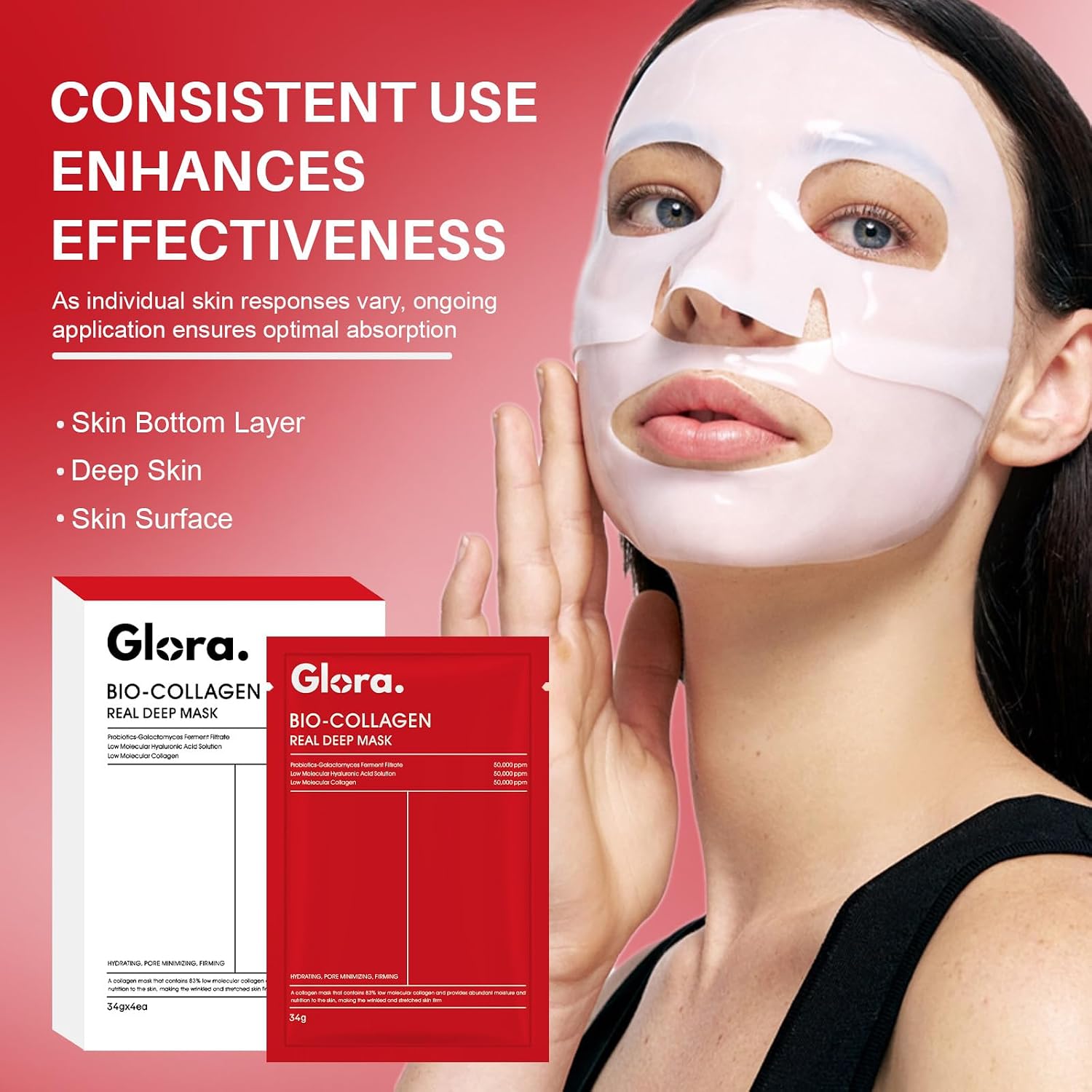 GLORA Bio-Collagen Real Repair Overnight Mask – Hydrating Korean Sheet Mask with Niacinamide & Collagen – Firming, Brightening & Smoothing Skincare – 4 Masks