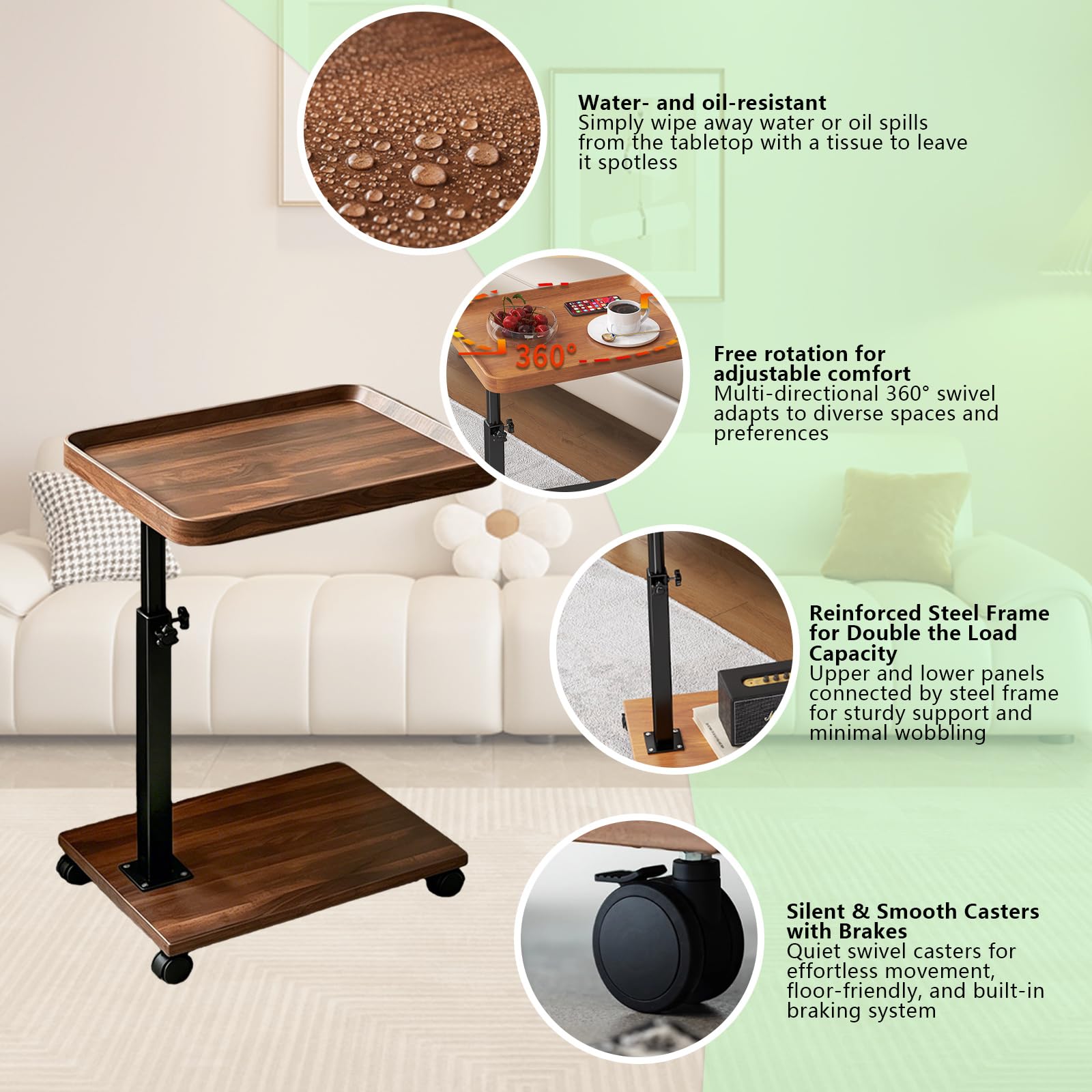 Mesa lateral ajustable con ruedas, altura 45-80 cm, tablero DM efecto madera de nogal, giratoria 360°, estructura de metal resistente, para sofá, cama, sillón, lectura, trabajo, bebidas