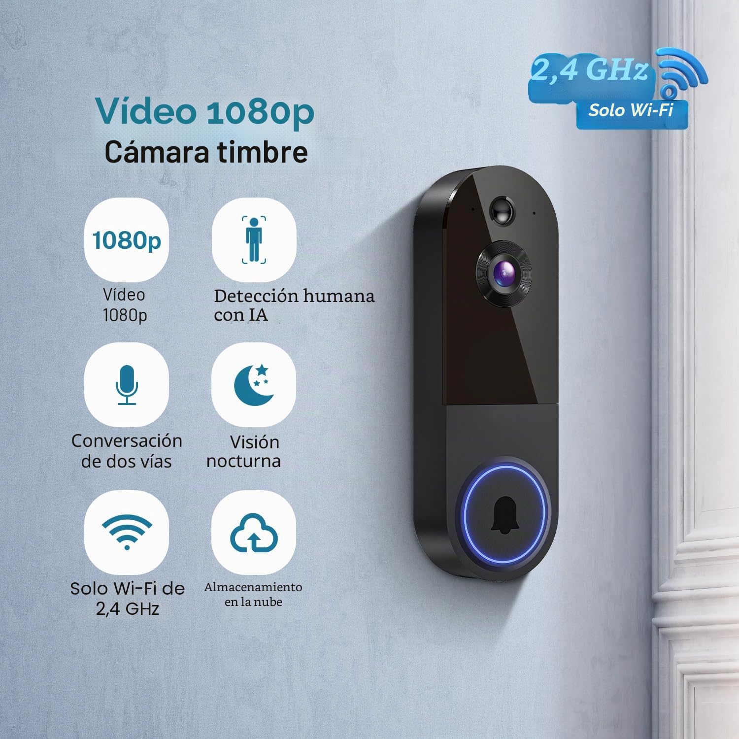 Cámara de timbre de video inalámbrica de 1080P, detección humana AI, visión nocturna, audio de 2 vías, funciona con pilas, almacenamiento en la nube, WiFi de 2,4 G, vigilancia interior y