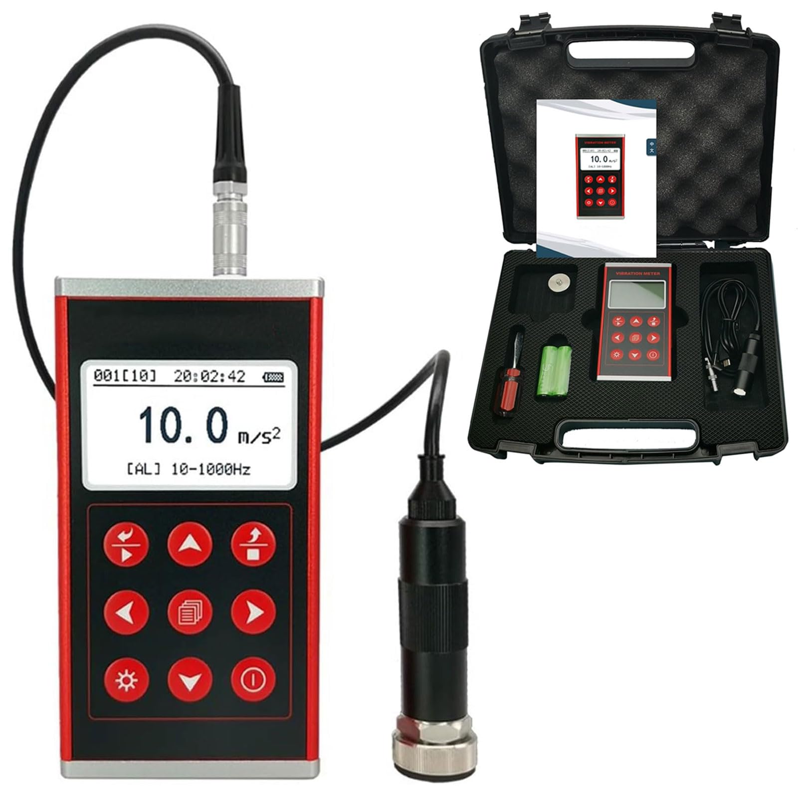 JOSBY Analizador de Vibraciones Digital portátil con Pantalla LCD, Rango de medición de 0,1 a 199,9 m/s², Velocidad de 180 a 60 000 RPM, sonda Sensible para detección de Fallos mecánicos