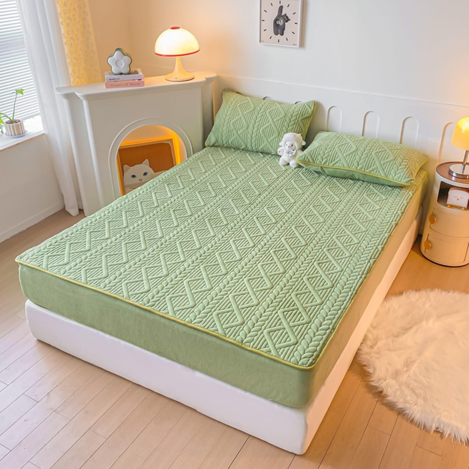 3-częściowy zestaw pościeli California King z gumką, włókno mleczne z gumką, jednolity kolor ze wzorem rombu, 177 x 216 cm + 2 poszewki na poduszki, zielony