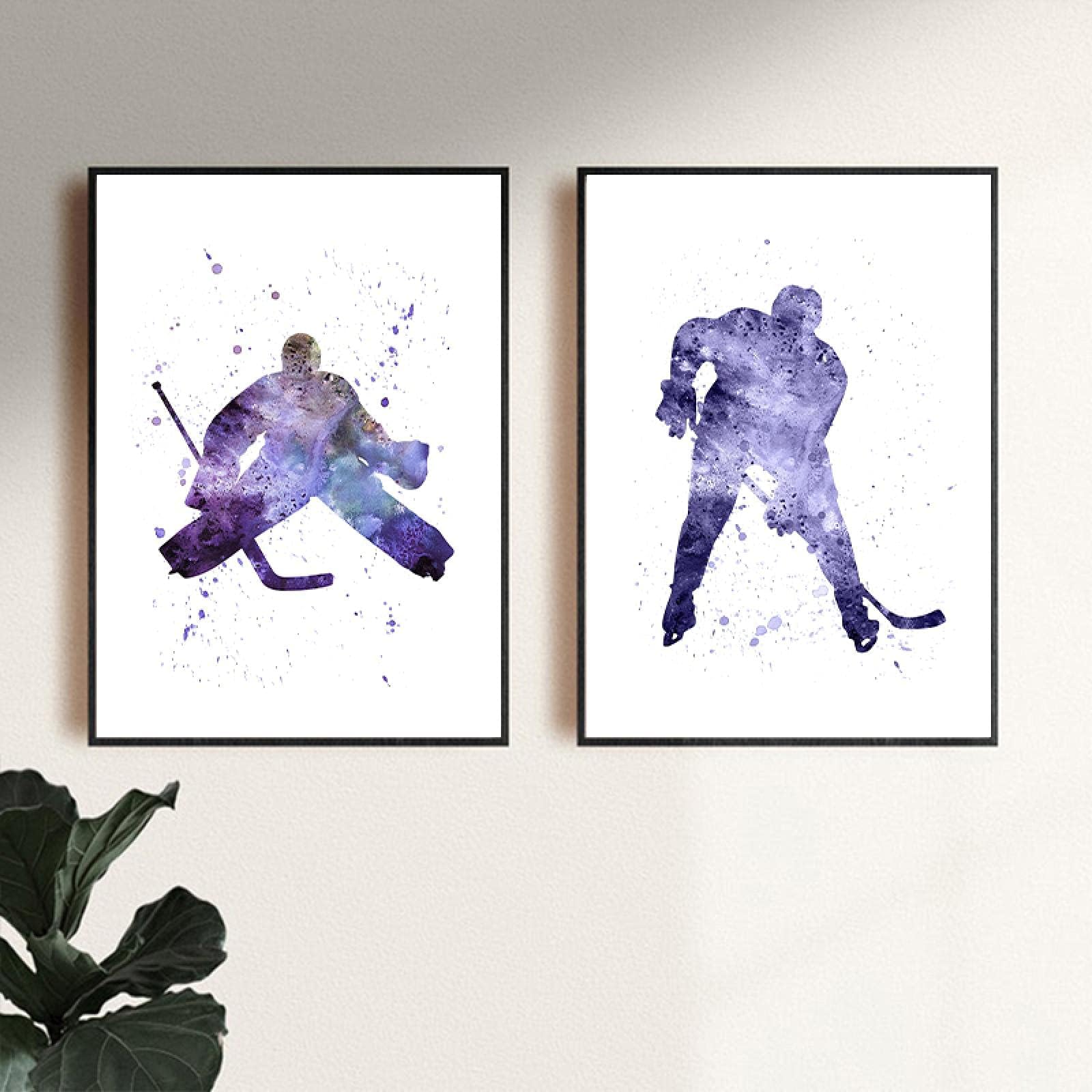 Hockey Player Watercolor Art Painting Canvas Print Goalie Silhouette Poster Boys Room Wall Decoration Pictures Ice Hockey 60x80cm-2Pieces Frameless