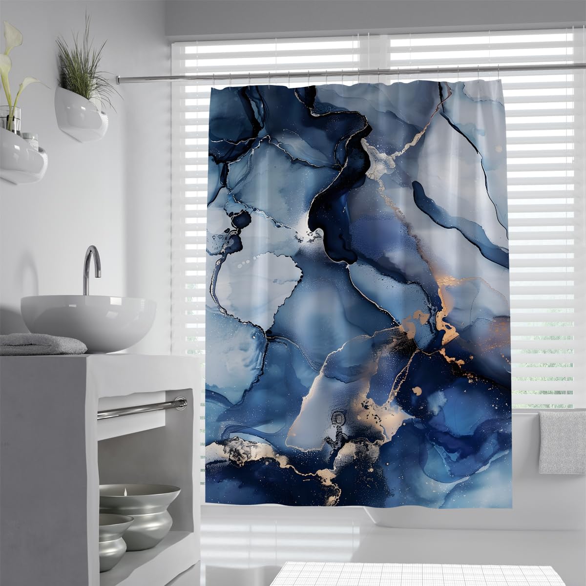UIRINGART Fabric W180xL200cm Shower Curtains with Hooks Water Repellent Anti Mould Washable Polyester Navy Blue Ink Art Pattern Luxury Gold Line Abstract Liquid Fluid Marble Bath Drapery Gym Decor