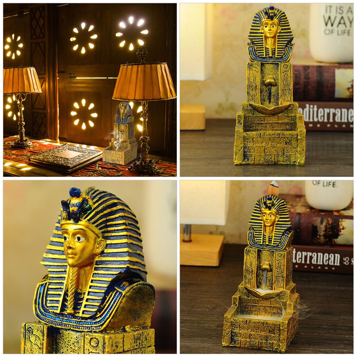 Holibanna Rückfluss Räucherstäbchenhalter aus Kunstharz im Stil des Alten Ägyptens Goldfarben zur Verbesserung der Stimmung und Luftreinigung im Schlafzimmer