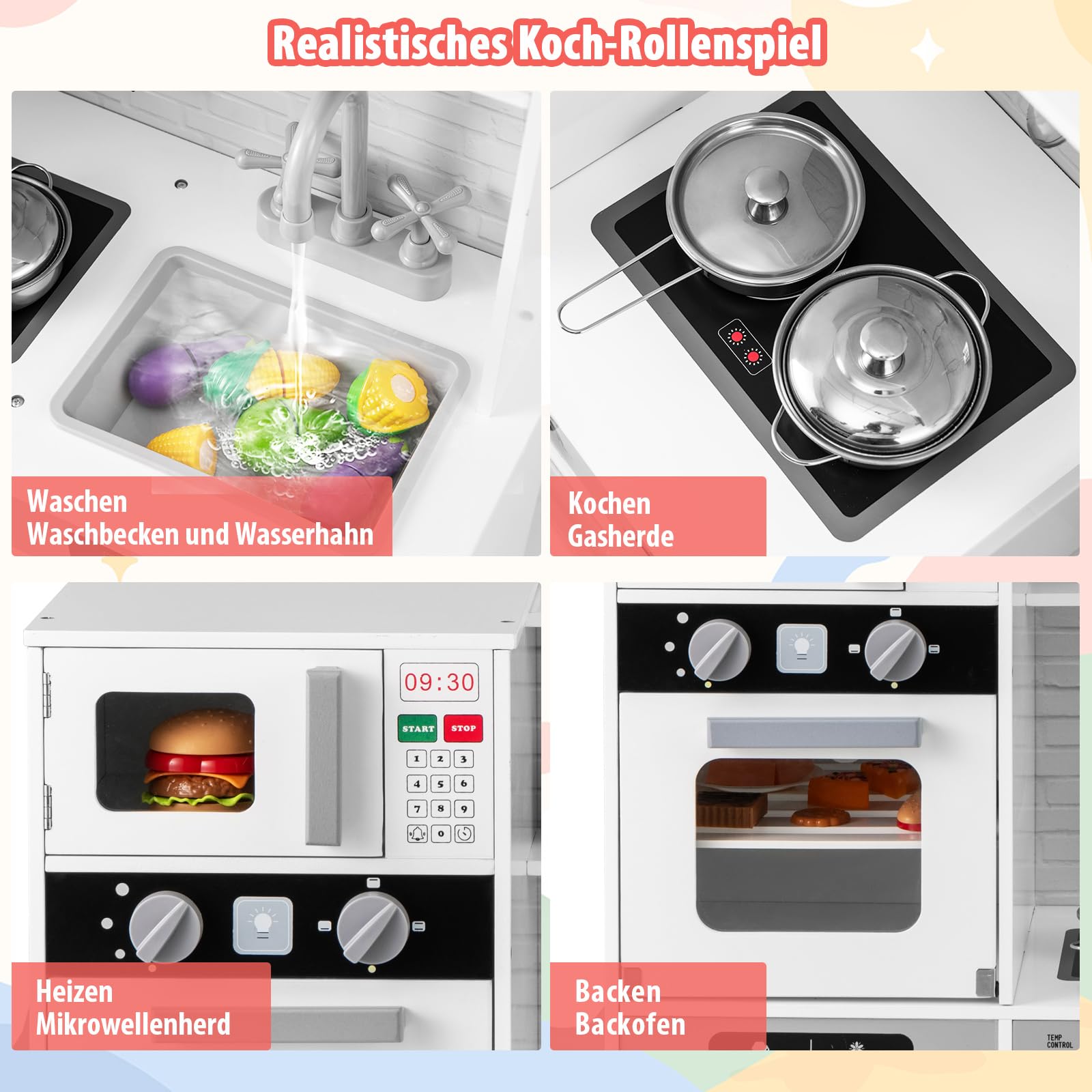 DREAMADE Kinderküche Holz mit Zubehör, Kinder Küche mit Herd Spüle Backofen Waschmaschine, Kinderspielküche Holzküche mit Licht & Sound, Spielküche für Kinder ab 3 Jahren