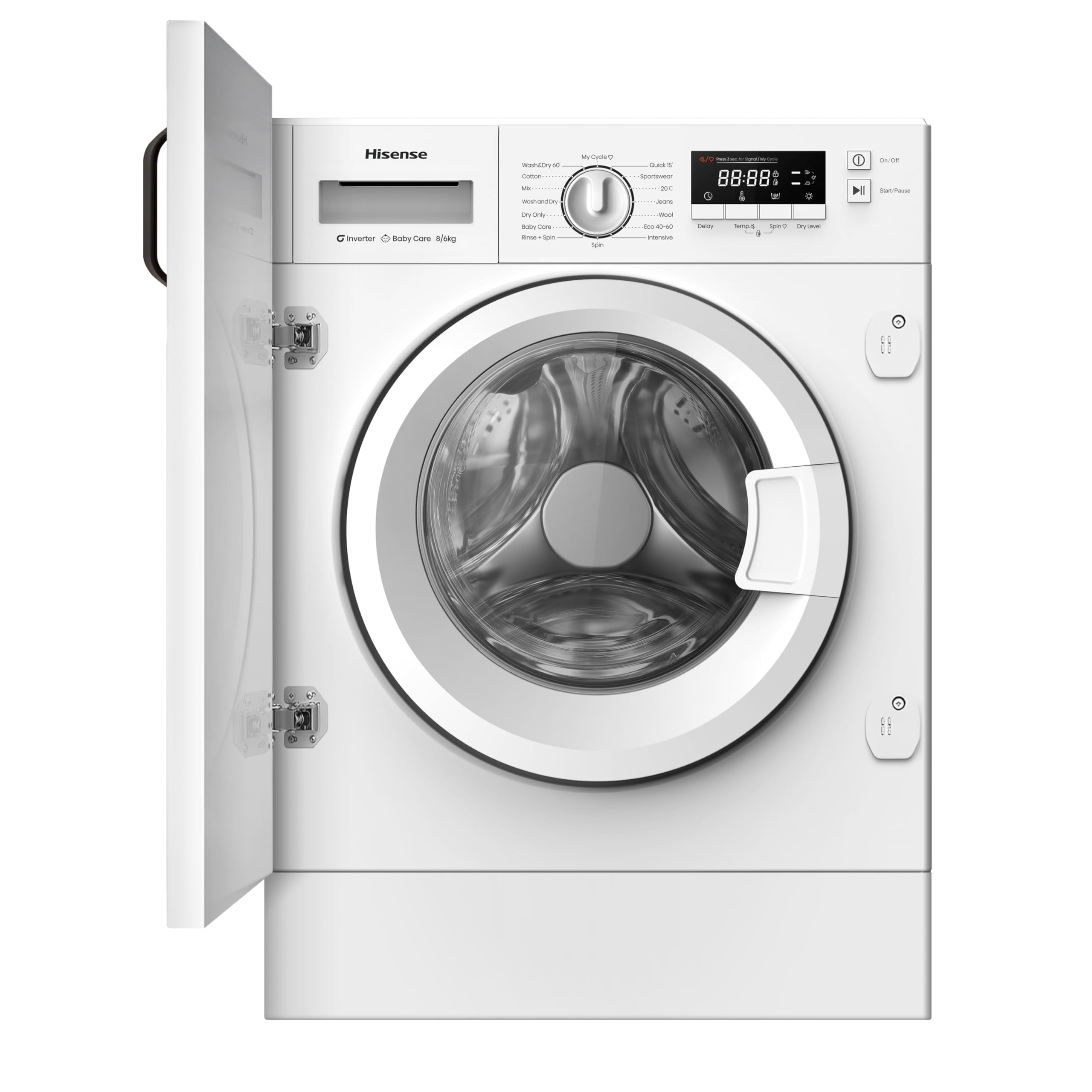 Hisense WD3M841BWIES - Lavasecadora, Clase E/B, 8kg/6 kg, Lavado Secado 1h, Pausar y Añadir, Finalización Diferida, Tecnología Inverter, Blanco