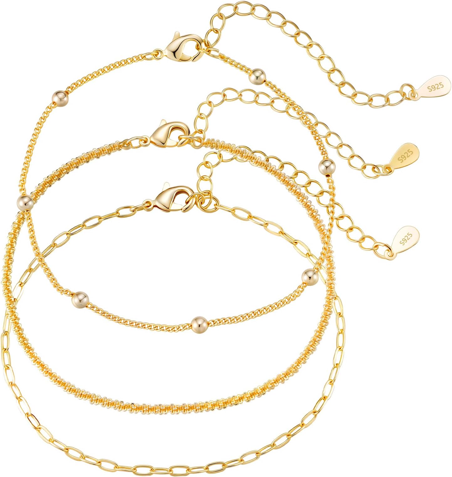 3Pcs Silver Chain Bracelets,925 Sterling Silver Bracelet Adjustable Stackable Figaro Tennis Bracelet Jewellery Gifts for Women