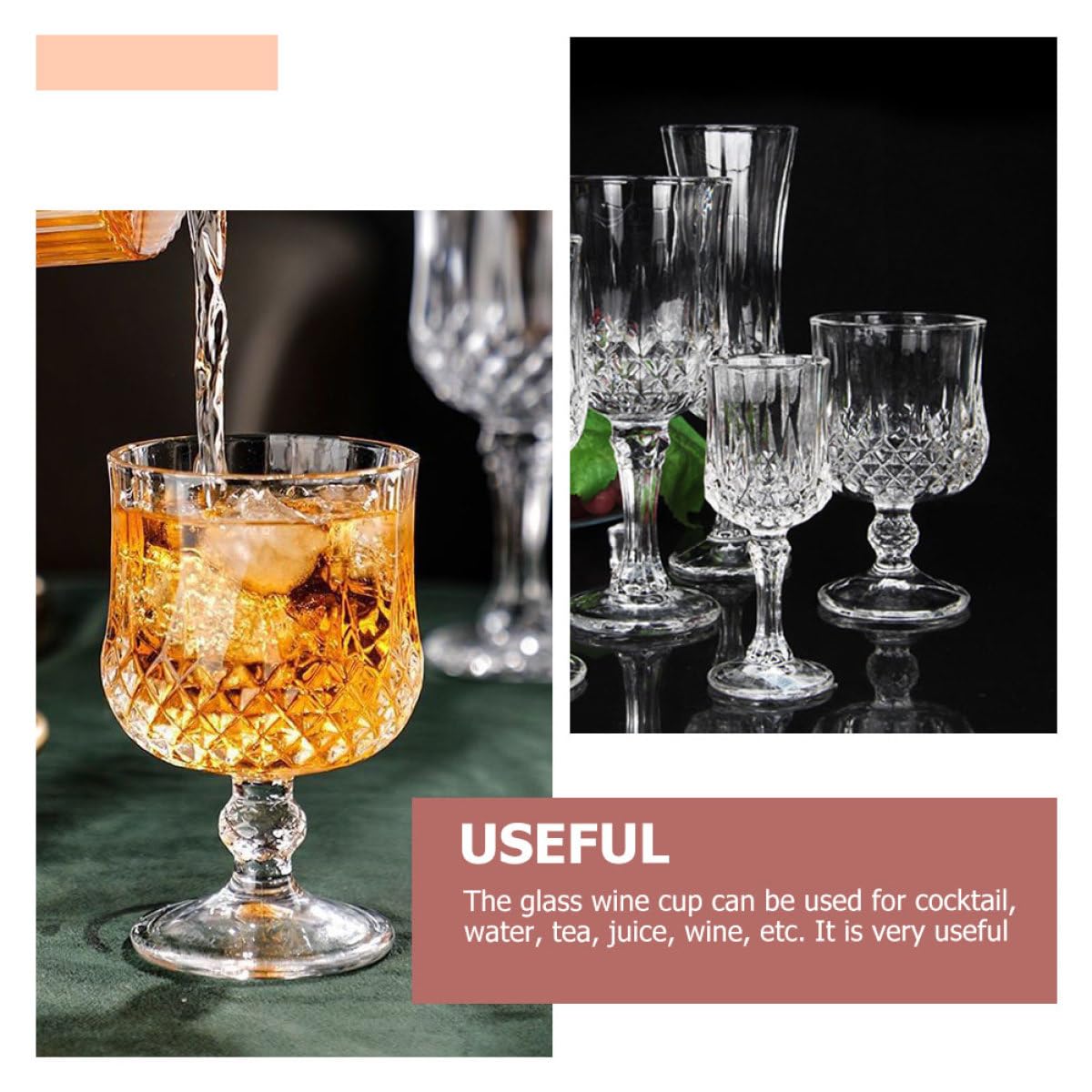 FOMIYES Copas de Vino Claro de Cristal Tallado Diseño Diamante, 4 Piezas, Copa de Cóctel Transparente para Hogar y Hotel, Ideales para Fiestas y Degustación de Vino