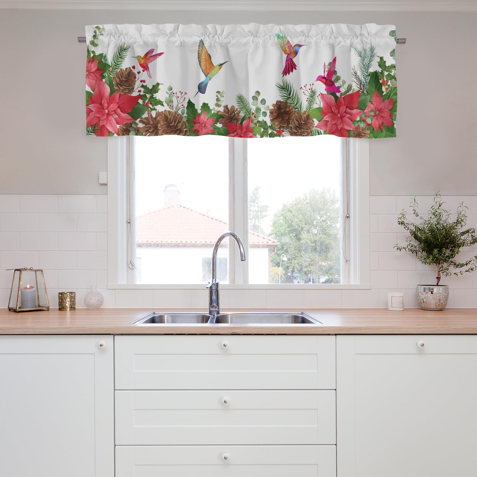 Christmas Flower Birds Curtains Valance, Short Curtains Valance for Small Window,Blackout Window Valance,Rod Pocket Valance Window,Christmas Decor Window Curtains for Bedroom Bathroom Living Room