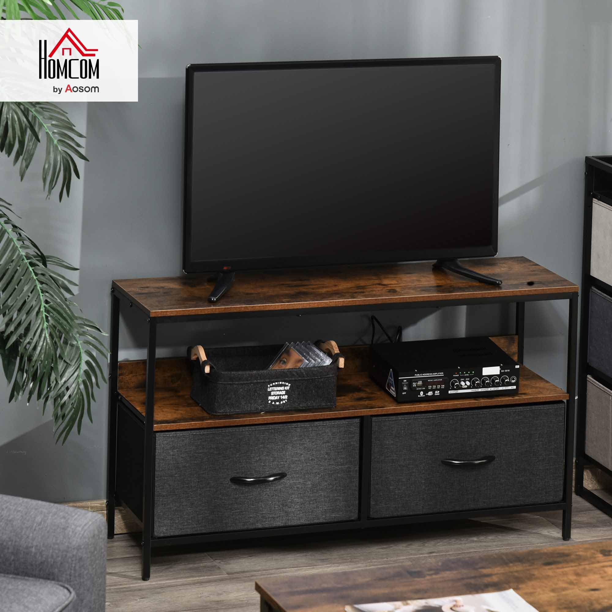 HOMCOM Mobile Porta TV Fino a 47", 98x29x56 cm, Marrone Rustico | Mobile TV, con 2 Cassetti Pieghevoli in Tessuto e Mensola, Mobiletto per Televisore per Soggiorno, Camera da Letto e Salotto