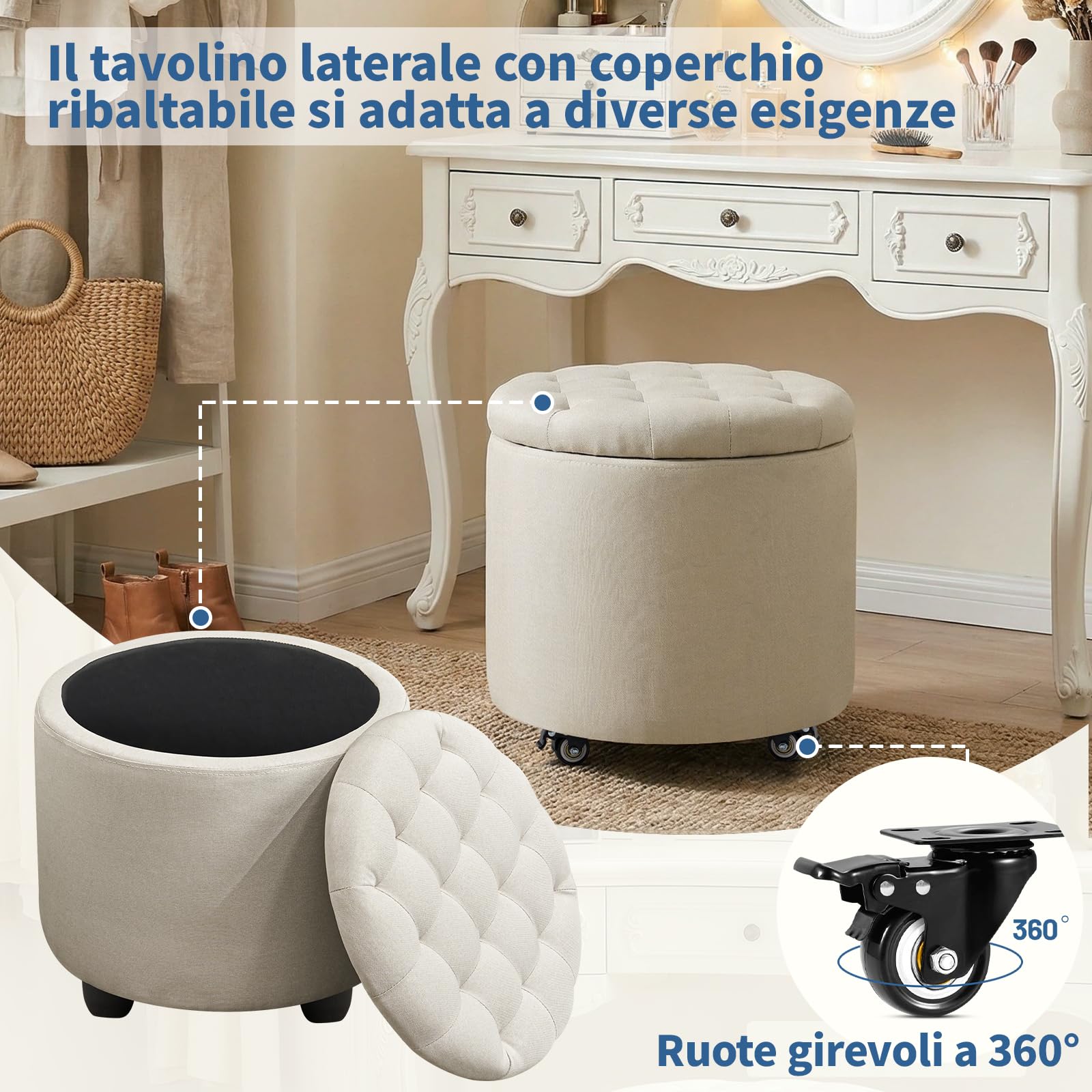 Pouf Contenitore con Ruote, 48cm Pouf Poggiapiedi Rotondo, Sgabello Imbottito con Lavorazione Capitonné e Coperchio Rimovibile per Soggiorno, Camera da Letto e Sala da Pranzo, Lino, Beige