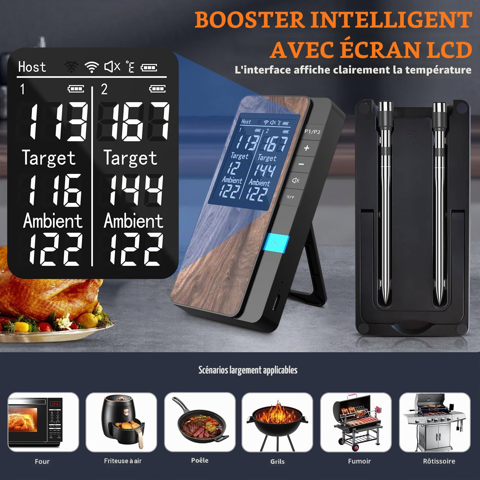 Thermomètre Cuisine Pack de 2, Thermometre Viande avec Application, Meat Thermometer Étanche IP67 Sans Fil, Sonde Temperature Connectée pour Barbecue, Four, Grill, Cuisine, Fumoir
