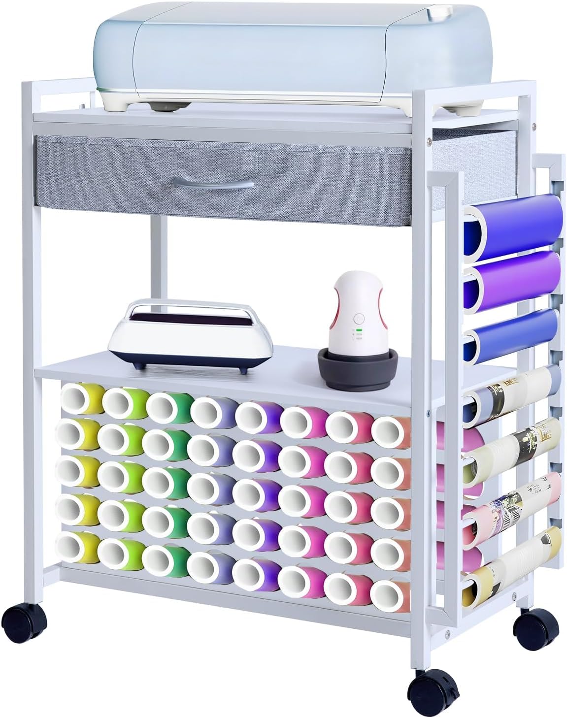 Craft Storage Cart Compatible with Cricut Machine,Mobile Rolling Craft Organizer with Hooks, Fabric Drawer & 47 Vinyl Roll Holders for Home Crafting Workstation Room,White