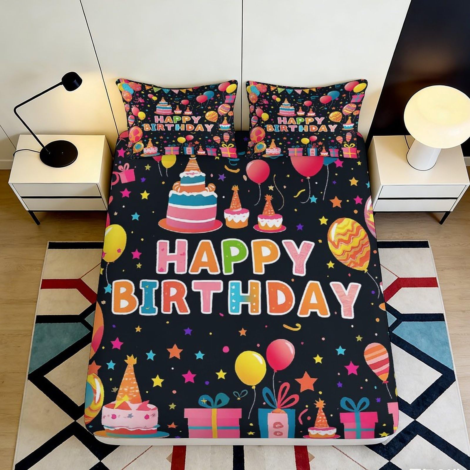 3D Printed Birthday Balloons Fitted Sheet Microfiber Soft Confetti Cake Bed Cover for Bedroom Guest Room Mattress Decor 90x200x25cm