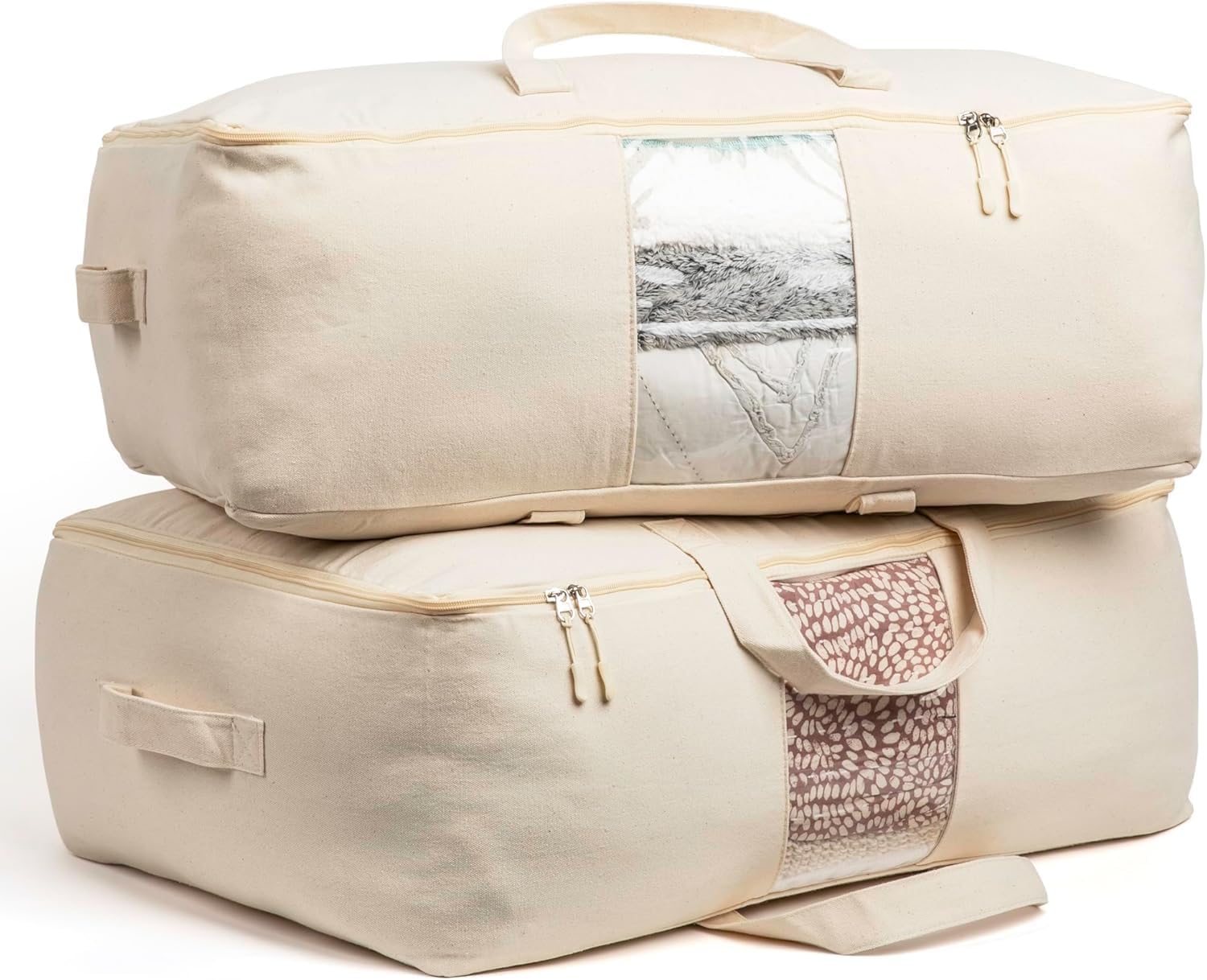 GROFFY Extra Large Storage Box Soft Canvas Storage Bags with Zipper 4-Carrying Handles and Window 25x19x9 inch Bag for Blankets Pillows,Woman Dresses,Sarees,Lehengas for Wardrobe Organizer (PACK OF 2)-image-8