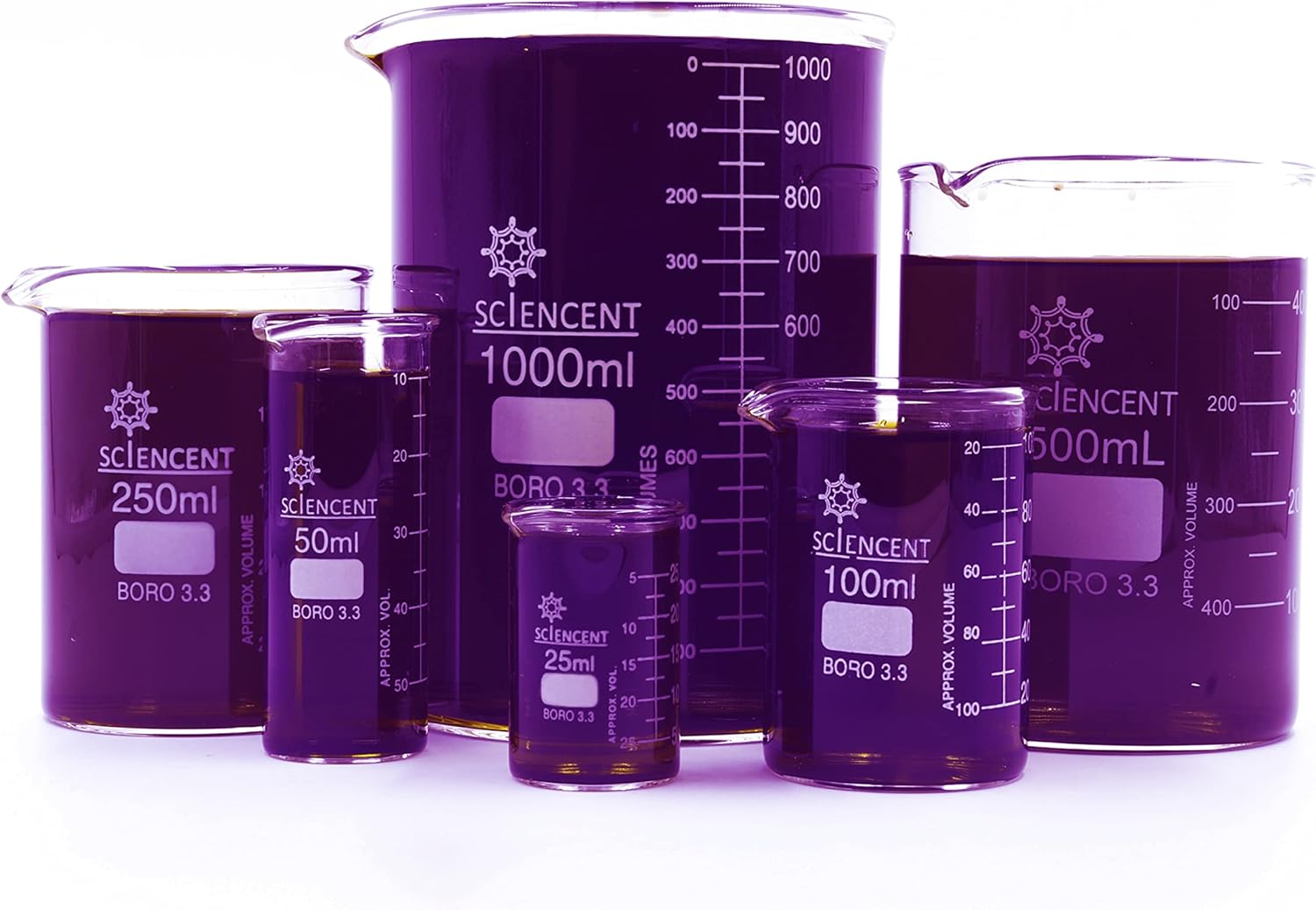 SCIENCENT Borosilicate Glass Beaker Set of 6 - Thick Wall, Graduated 25ml-1000ml, Heat & Chemical Resistant Lab Beakers