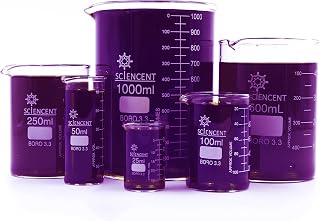 SCIENCENT Borosilicate Glass Beaker Set of 6 - Thick Wall, Graduated 25ml-1000ml, Heat & Chemical Resistant Lab Beakers