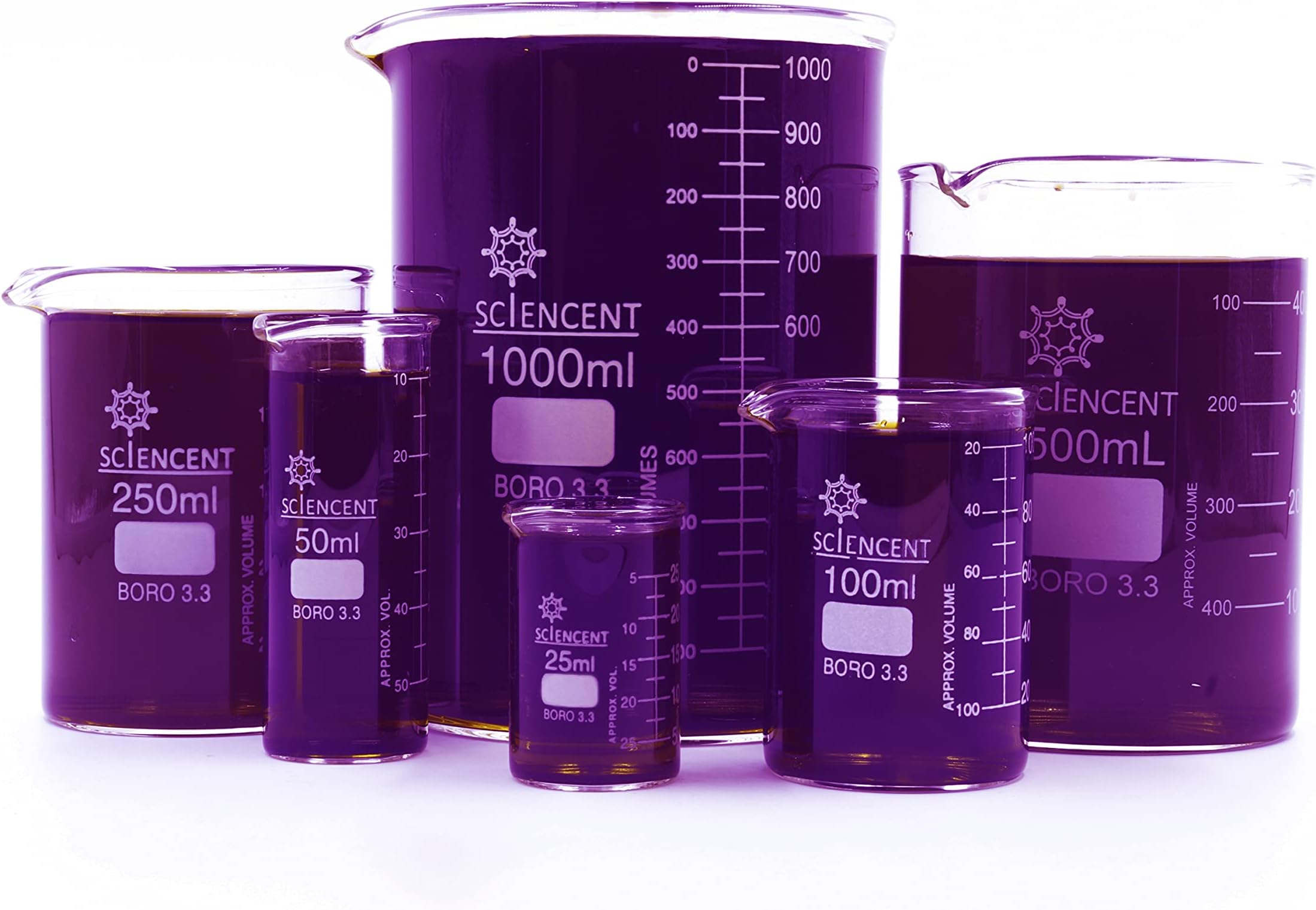 SCIENCENT Glass Beaker Set of 6 Borosilicate Thick Wall - 25ml, 50ml, 100ml, 250ml, 500ml, 1000ml (Set of 6)