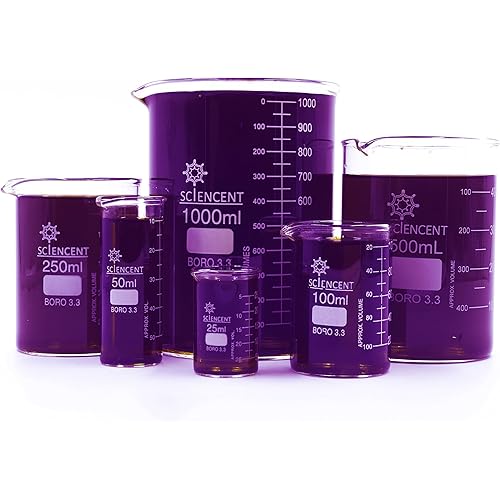 SCIENCENT Glass Beaker Set of 6 Borosilicate Thick Wall - 25ml, 50ml, 100ml, 250ml, 500ml, 1000ml (Set of 6)