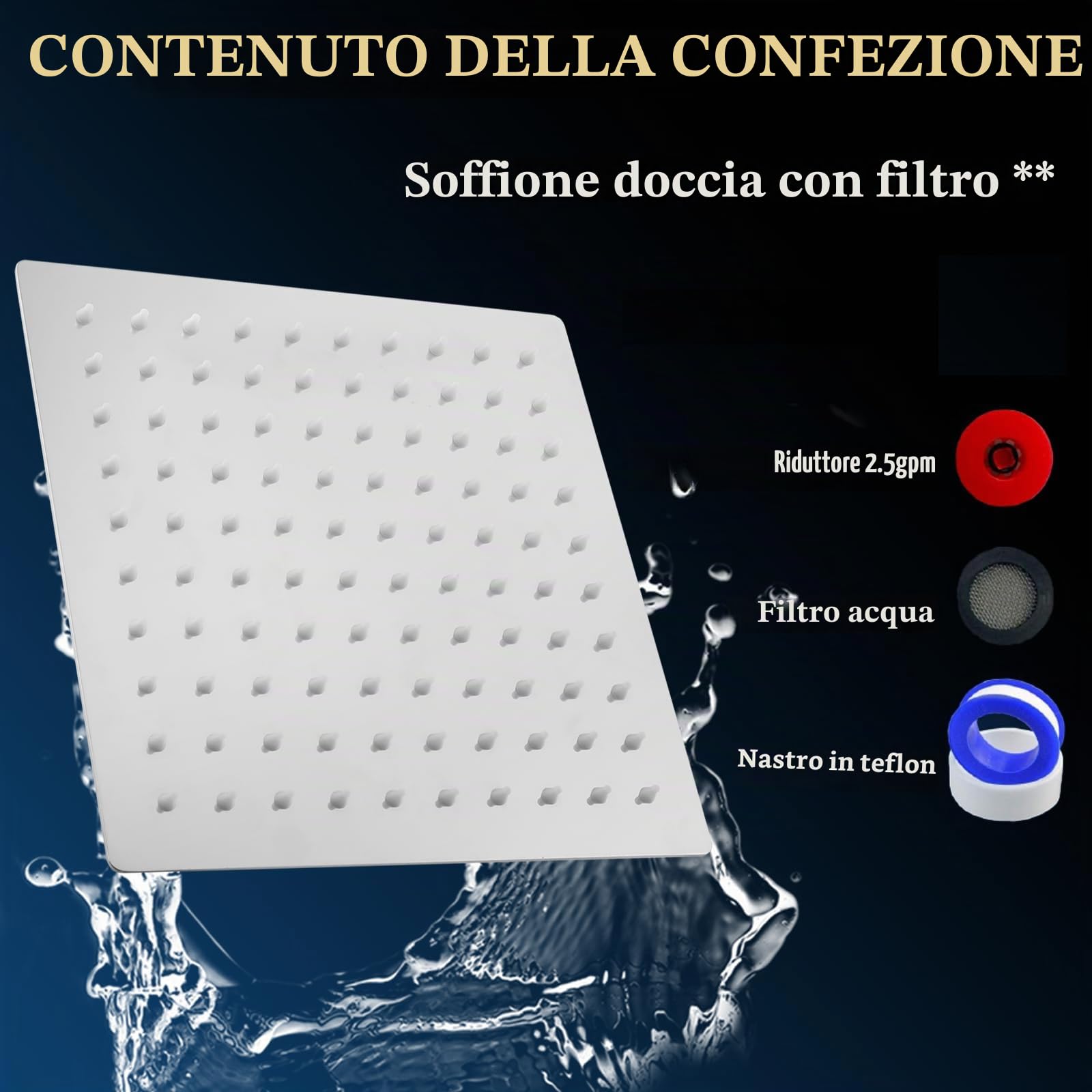 Soffione doccia filtrato, 30cm, soffione doccia di lusso, ammorbidisce l'acqua dura, migliora la condizione della pelle e dei capelli, design integrato con filtro, cromato