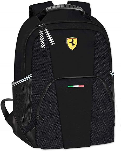 FERRARI - Zaino Scuola Media, Superiore E Elementare Con Ampi Vani Centrali Con Chiusura A Zip E Spallacci Regolabili, Cm 28x40hx15,5 - Nero