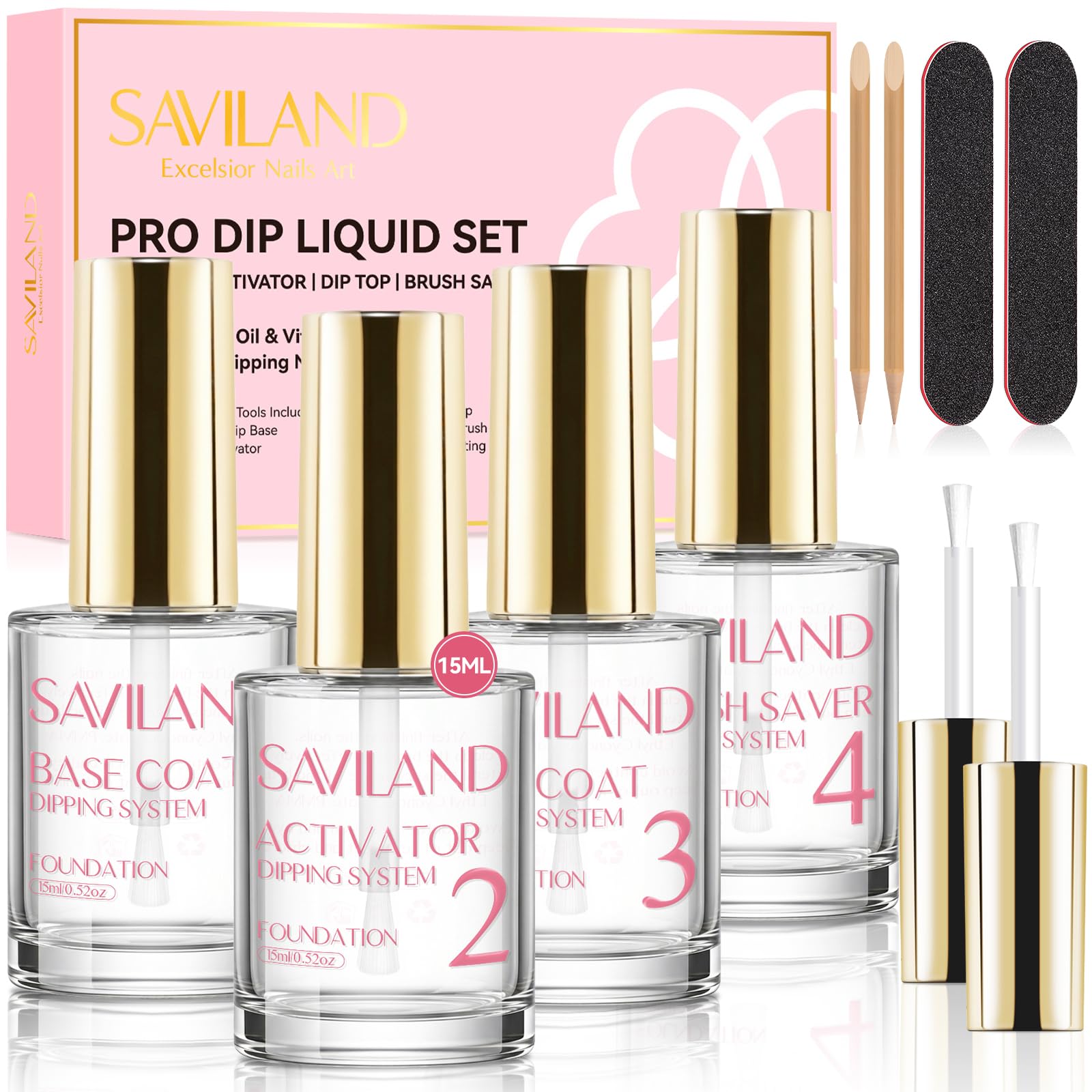 SAVILAND Dip Powder Liquid Set 15 ml/0.5 oz,10 Pcs Nail Dip Liquid Set with HEMA-free Base/Top Coat, Activator Brush Saver Acrylic Gel Nail File No