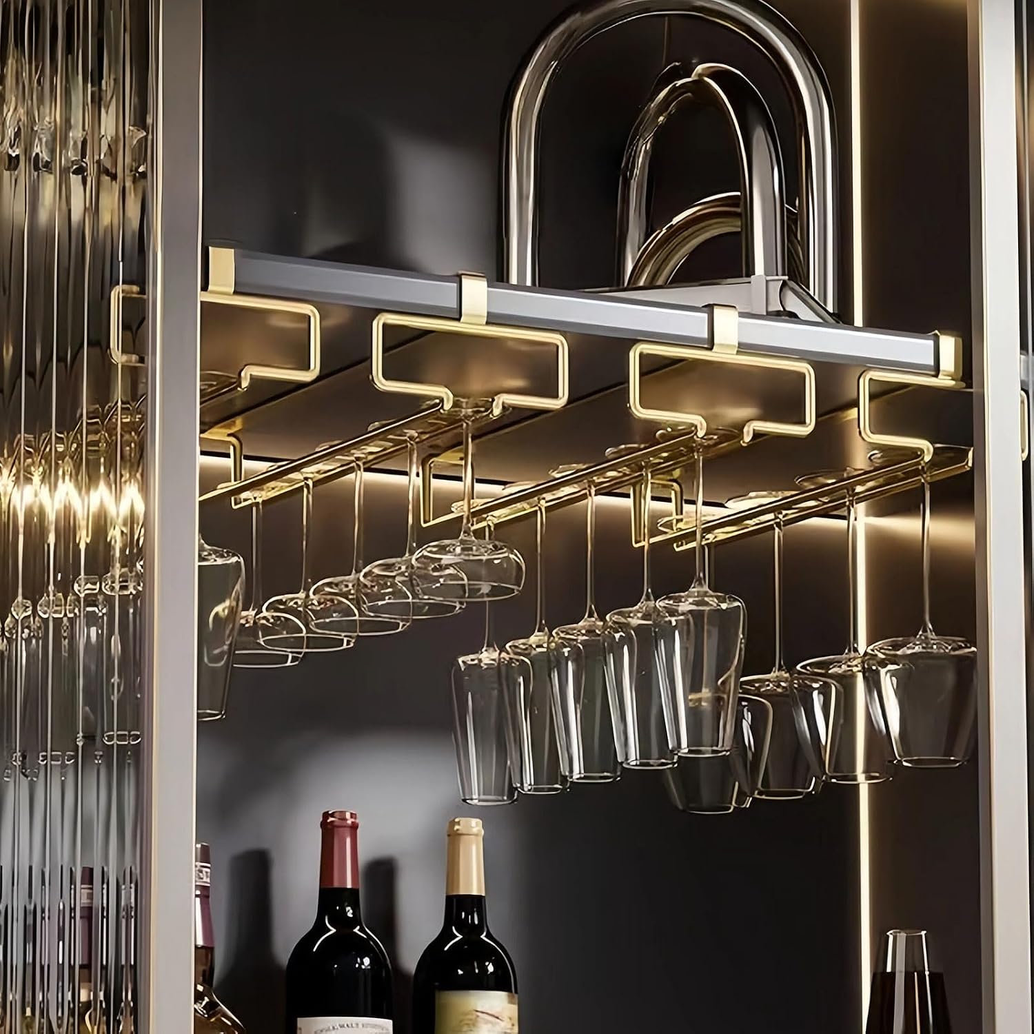 GLOBLELAND 2 Pack Under Cabinet Wine Glass Holder Under Shelf Gold Wine Glass Rack Stemware Rack Hanging Stemware Holder Metal Organizer Storage Hanger for Bar Kitchen