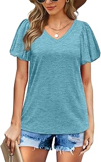 Camiseta de Manga Corta con Cuello en V y Color Sólido para Mujer Camisa de Fondo Camiseta de Mujer Tallas, Verde, S