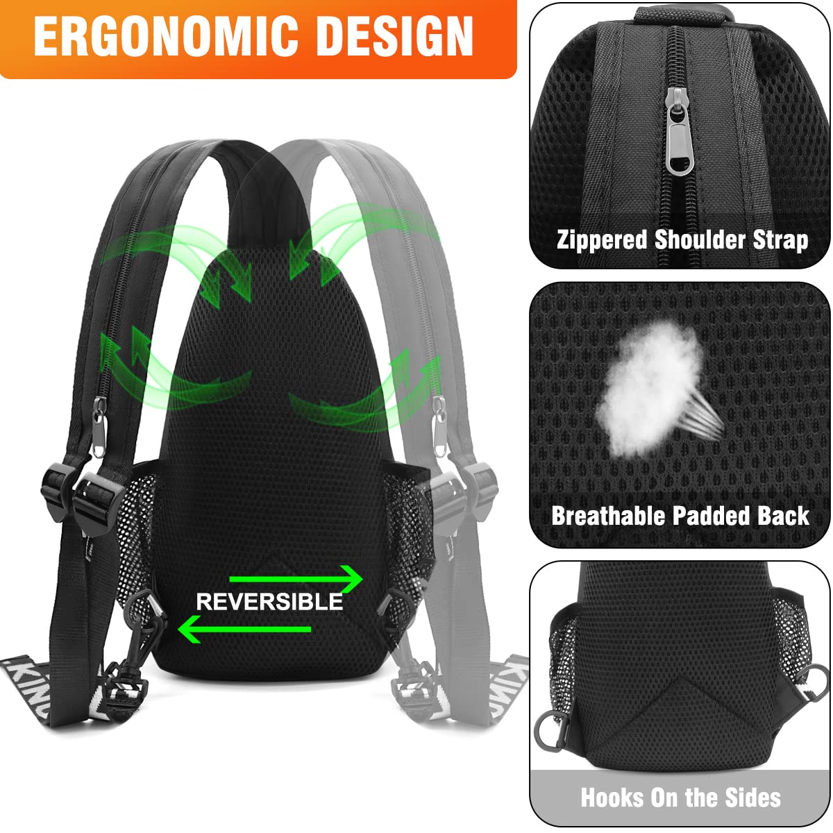 HNOOM Sling Bag Damen Klein Rucksack mit Kopfhörerloch Brusttasche Damen Oxford-Stoff Crossbody Bag Damen Casual Daypack mit Verstellbarem Schultergurt für Outdoorsport, Reisen, Einkaufen (Schwarz-L)