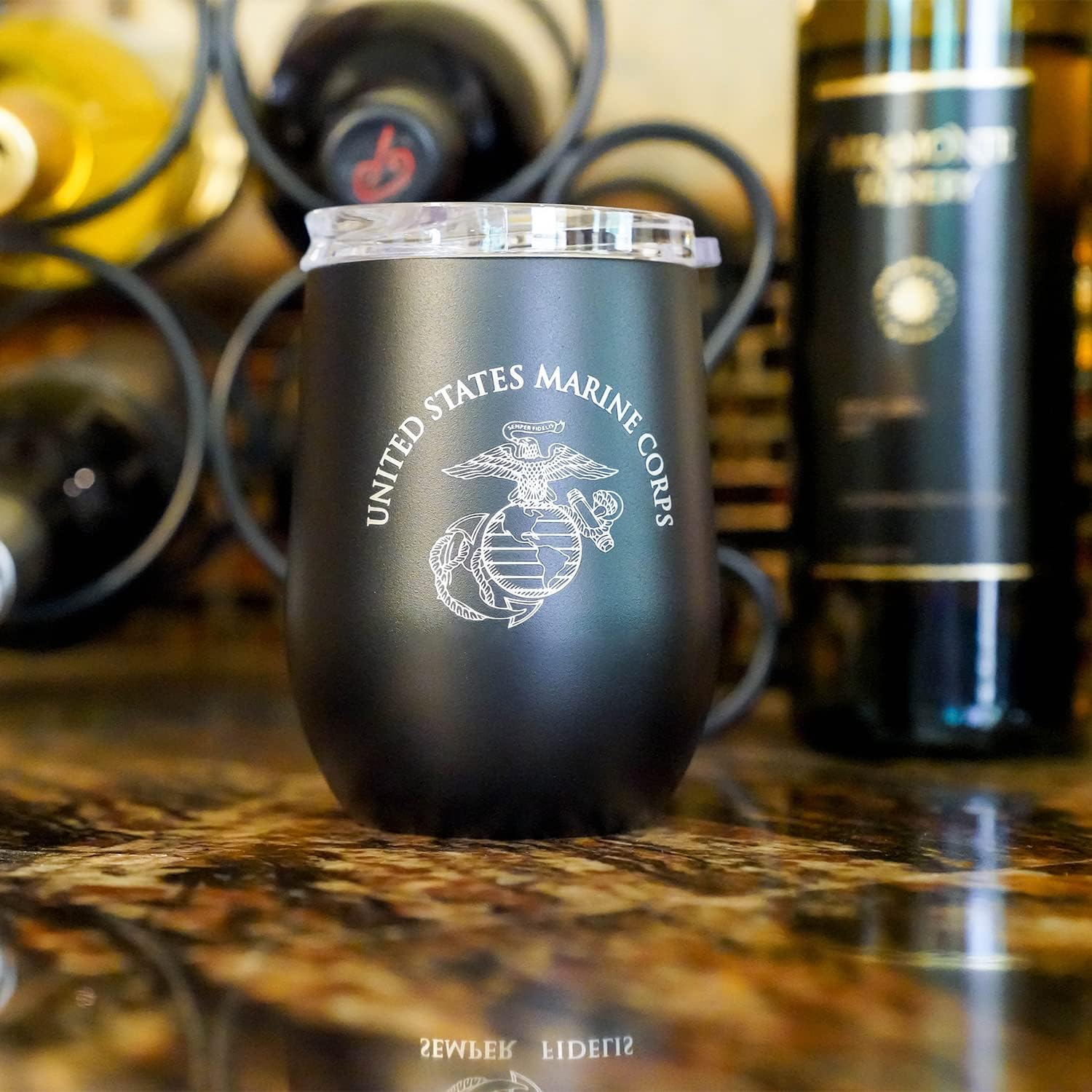 Military Gift Shop USMC Steel Stemless Wine Glass Tumbler, 12 oz Double Wall Vacuum Insulated Outdoor Tumbler–Black with Marine Corps logo | USMC Wine 12oz