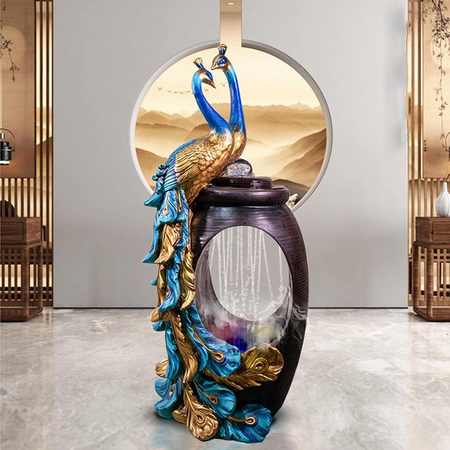 Modern Indoor Water Fountain, Relaxing Water Sounds for Stress Relief,Peacock Waterfall Fountain for Office Home Décor Floor-Standing Fountains(Small)