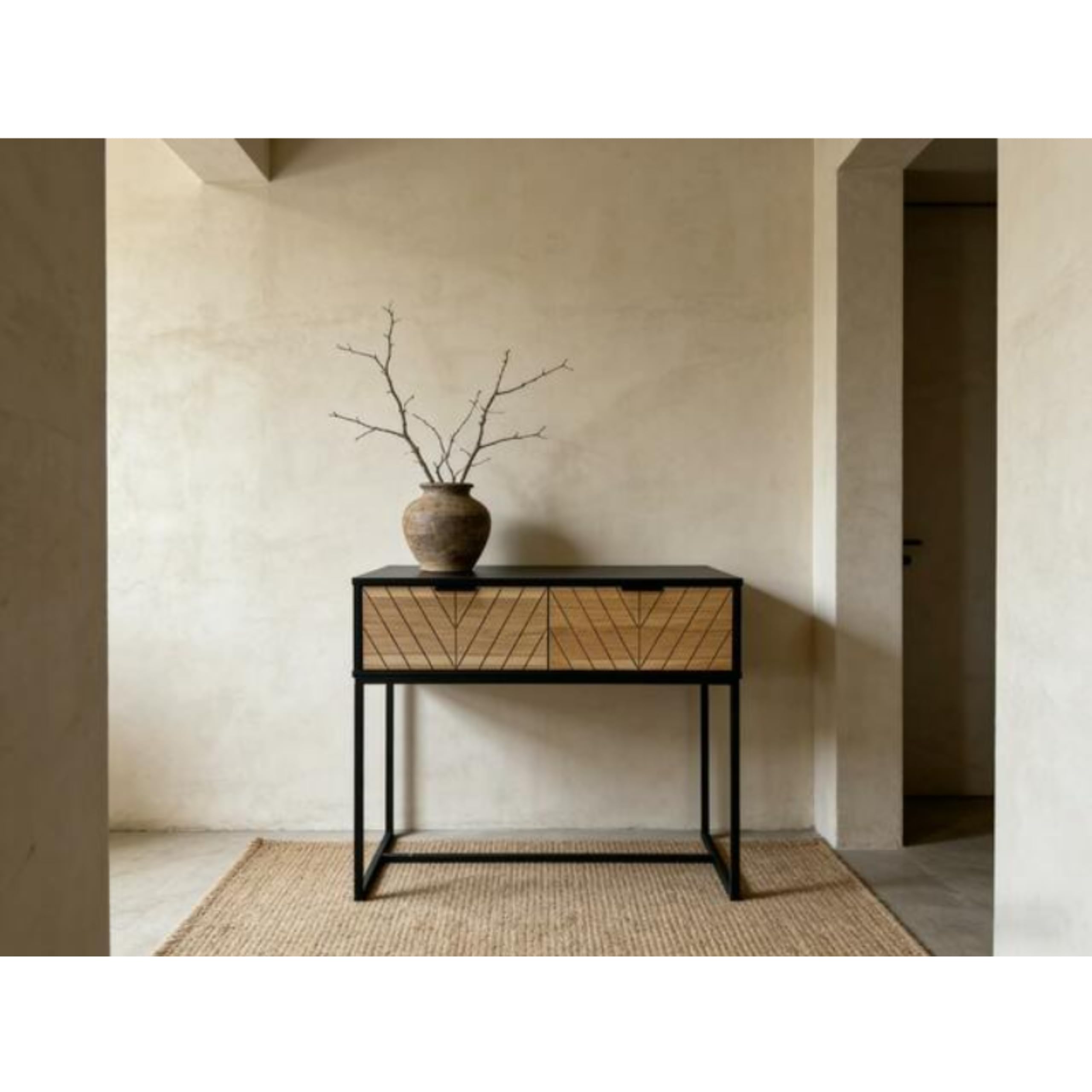 Console nera con frontale a spina di pesce rovere