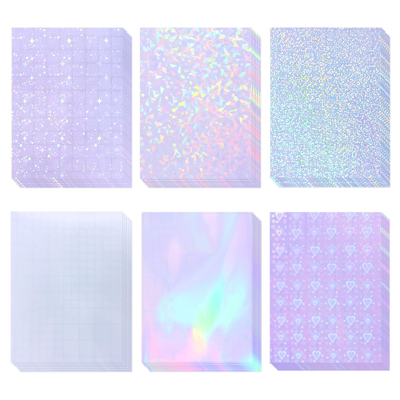 36 Sheets Holographic Laminate Sheets Transparent Holographic Sticker Paper Self Adhesive Laminating Sheets Clear Vinyl Waterproof Overlay for Sticker Pape, 8.5x11 inch 6 Patterns