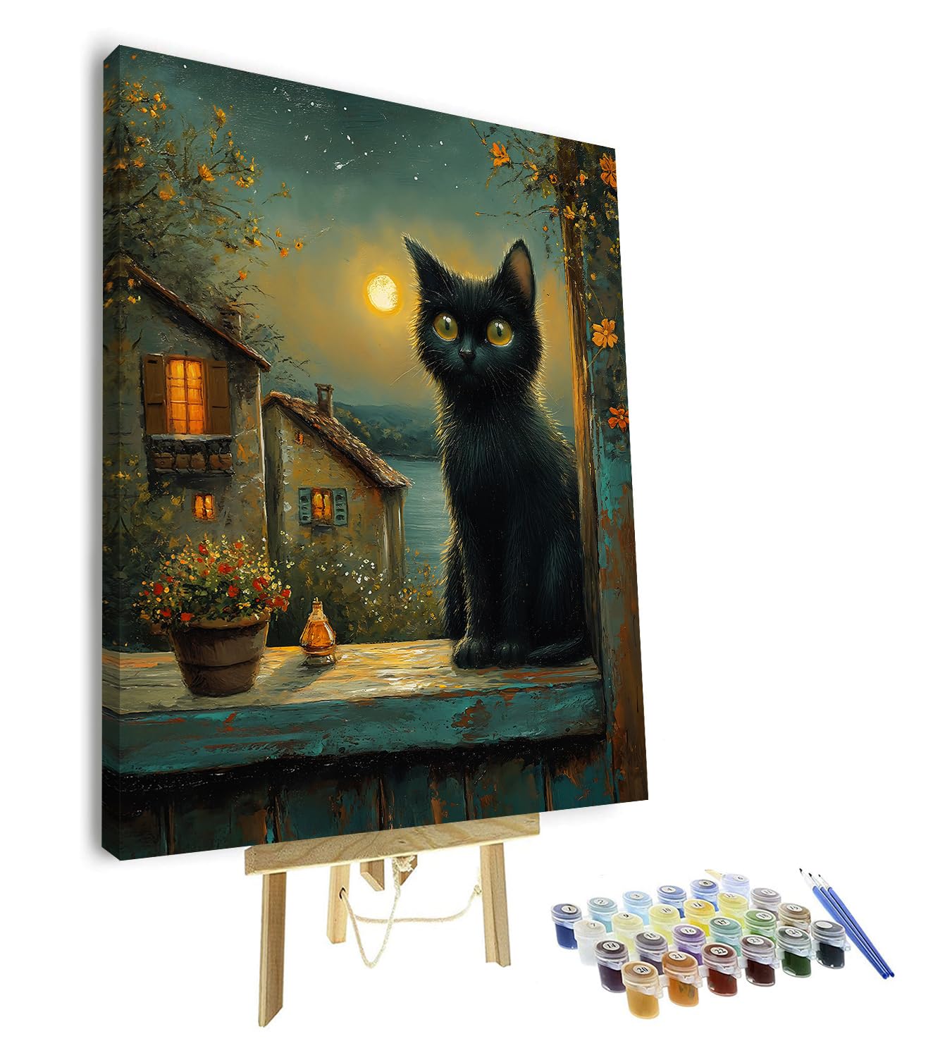 TISHIRON Paint by Numbers Kit for Adults: Black Kitty Cat Painting Kit, 16"x20", Framed, Non-Foldable — image 1