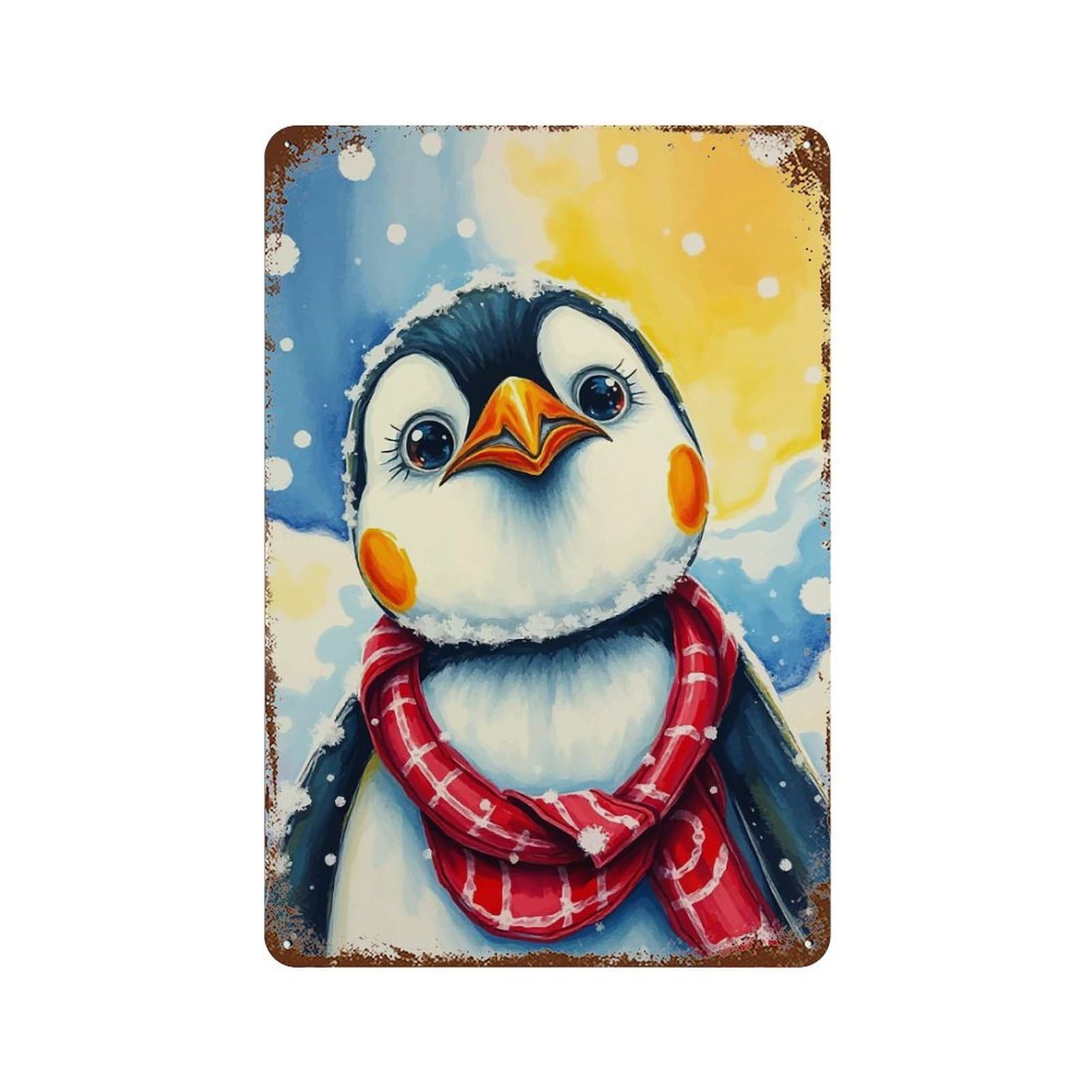 Cute Penguin in Winter Aged Metal Wall Plaque 11.8"x7.9", Classic Wall Plaque for Garage, Pub Or Kitchen